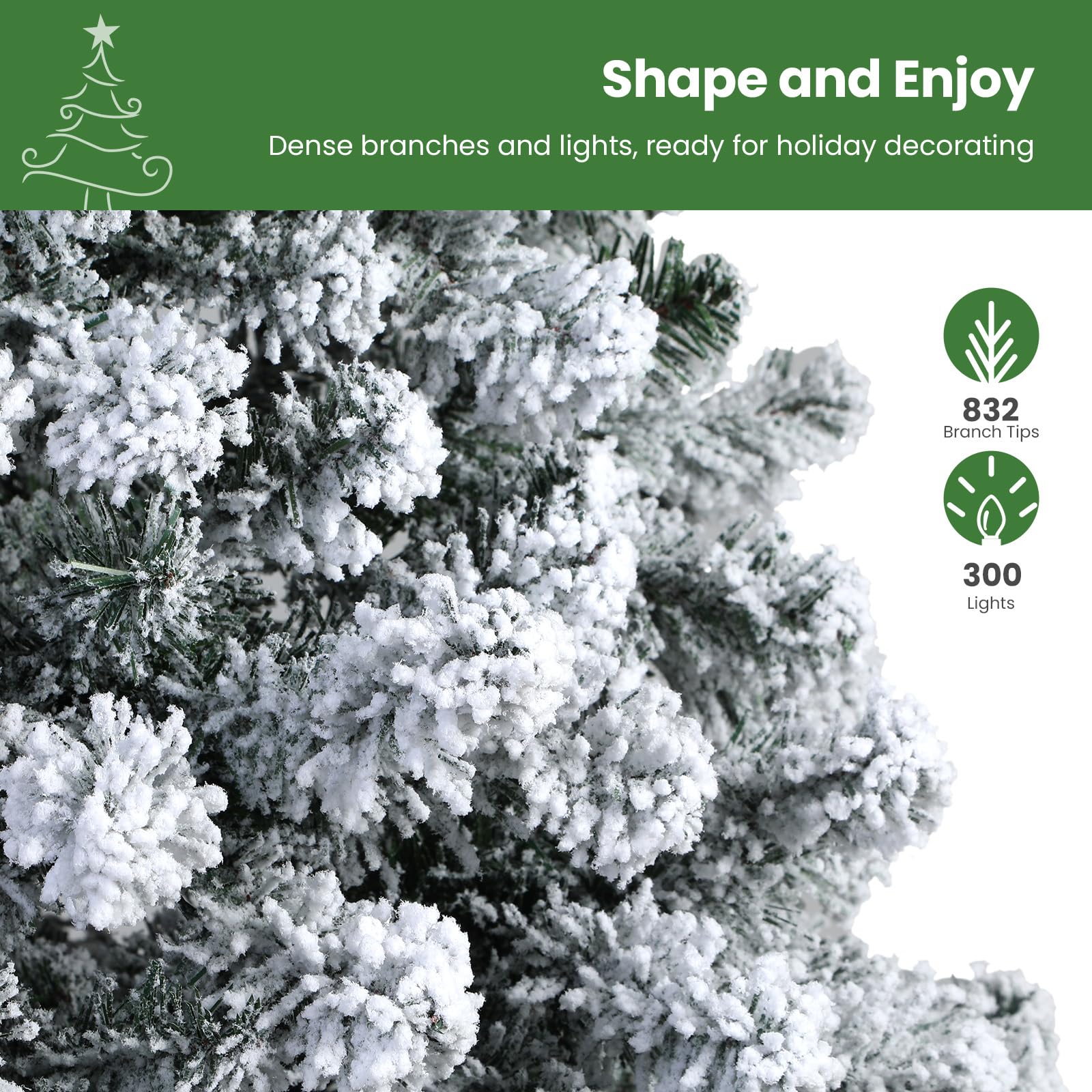 SHareconn 7.5ft Prelit Artificial Snow Flocked Pencil Christmas Tree with Remote & Timer, Premium Hinged Slim Tree with 300 Warm White & Multi-Color Lights, Perfect Choice for X-mas Decorations,7.5 FT