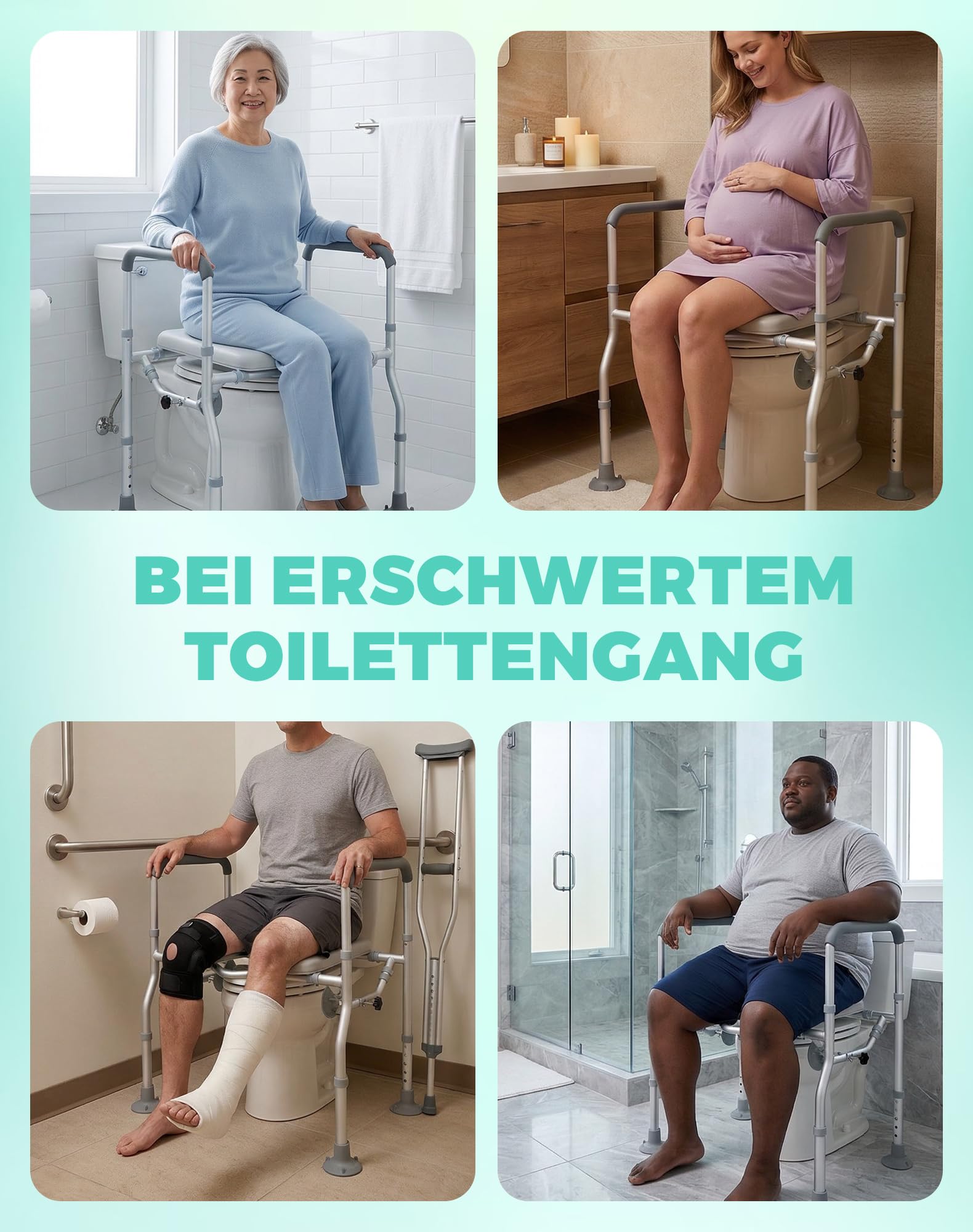 Toilettensitzerhöhung mit Armlehnen und Seitlichen Saugnäpfen | WC Sitzerhöhung für Senioren, Aufstehhilfe WC, 5-Fache Höhenverstellung, 6-fache Breitenverstellung, Belastbar bis 150 kg