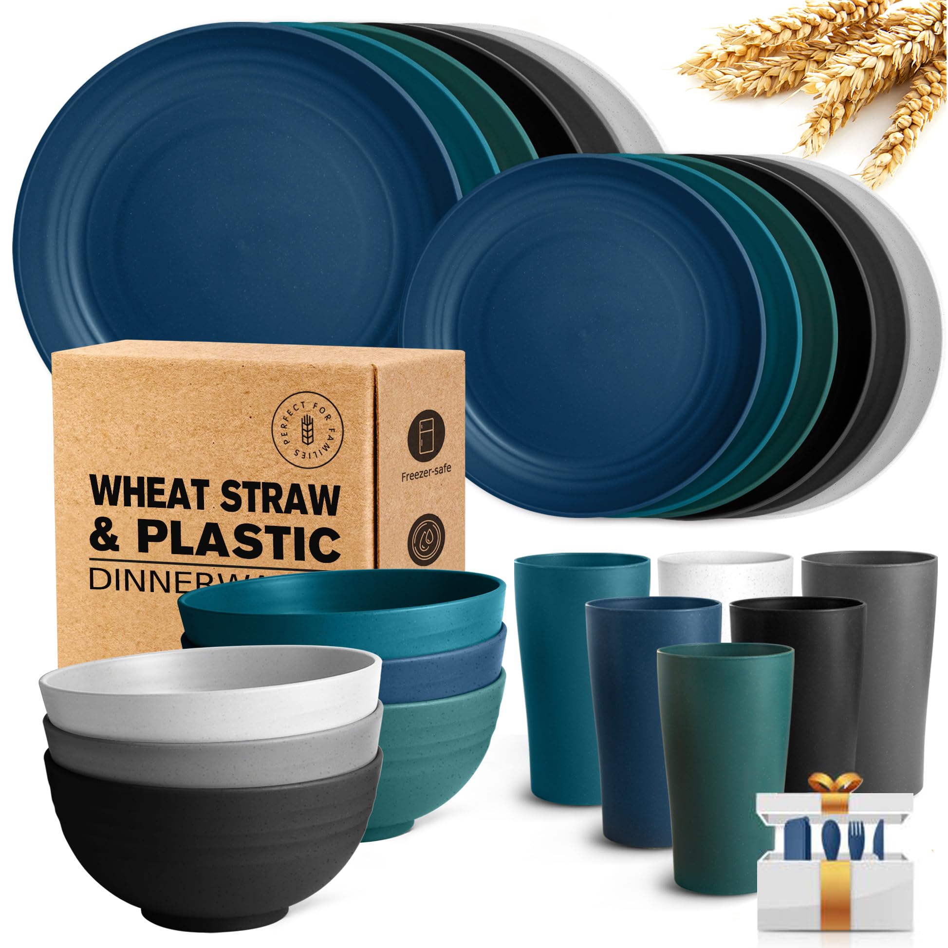 Teivio Kitchen Wheat Straw Dinnerware Set, Dinner Plates, Dessert Plate, Cereal Bowls, Cups, Unbreakable Plastic Outdoor Camping Dishes (Service for 6 (24 piece with flatware), Coastal Multicolor?