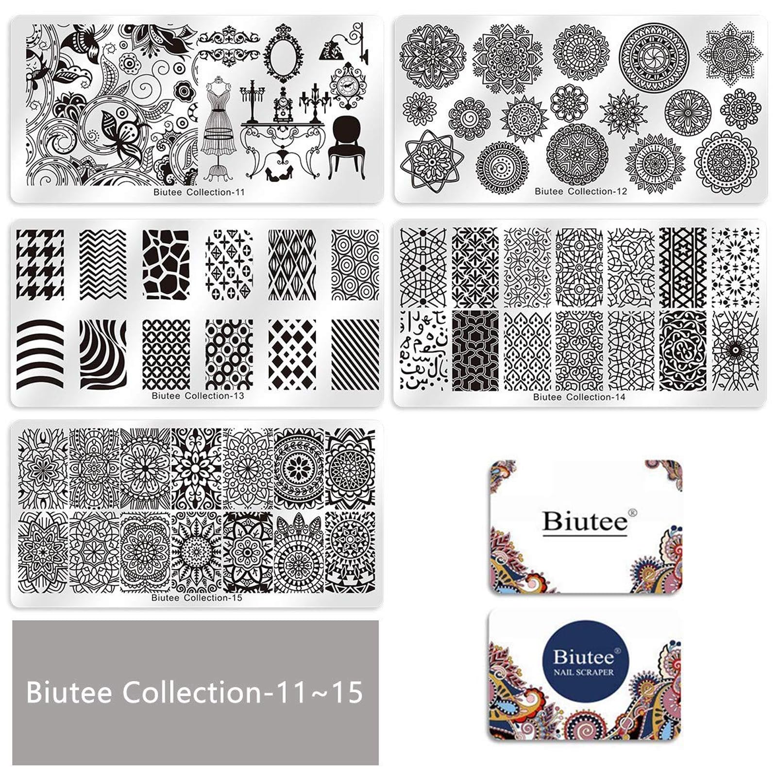 Biutee Set de Stamping Nail Art Kit d'estampage d'ongles 15 pièces modèles d'art d'ongle avec motifs d'animaux, de feuilles et de fleurs 1 Tampon 2 Grattoir 1 Paquet de Cartes