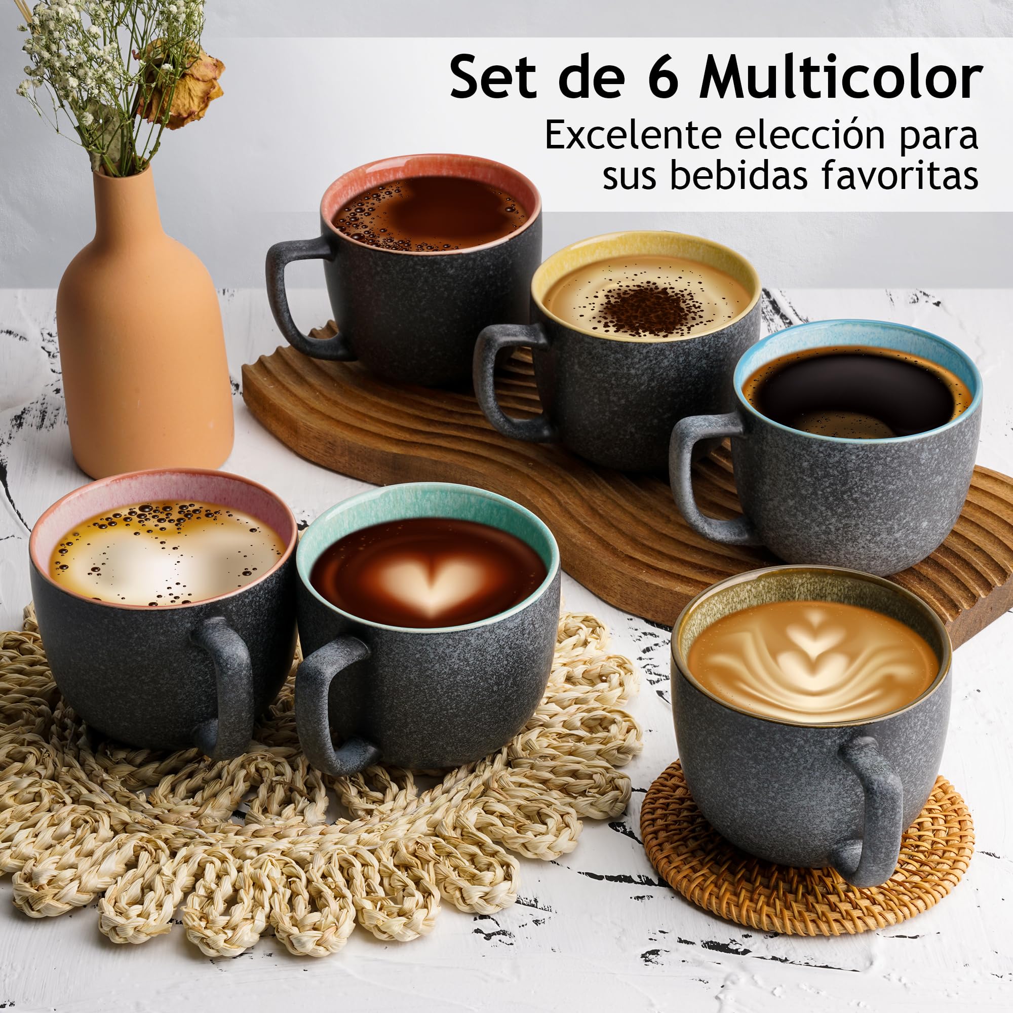 MIAMIO - Set de 6 tazas de café (470 ml) - Las Palmitas Daily | cerámica tazas de café für Kaffee, Tee und Mahlzeiten, 470 ml para el uso diario - aptas para lavavajillas in the kitchen
