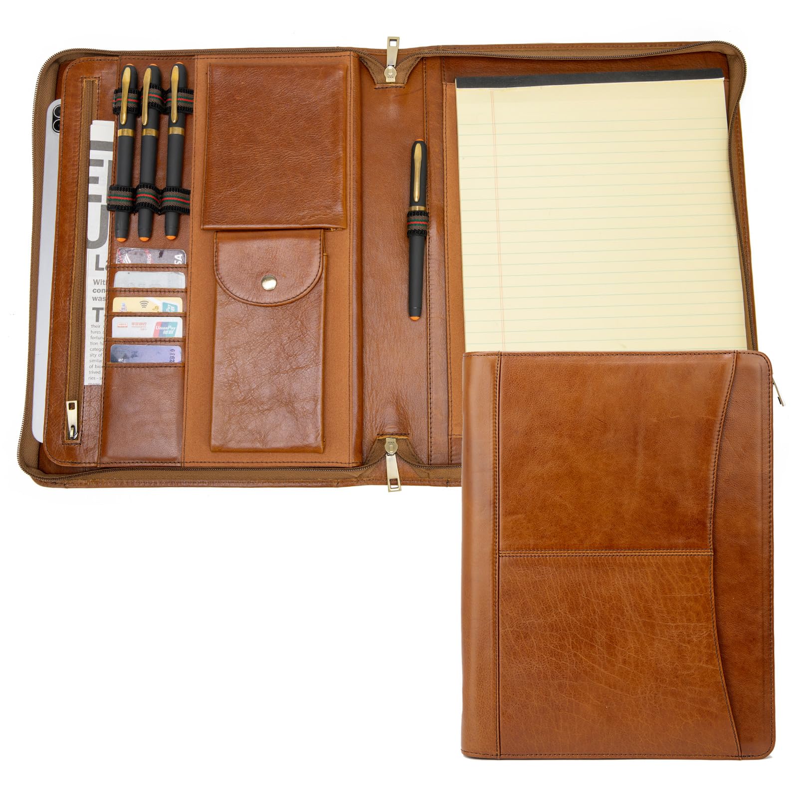 Geslun Genuine Leather Portfolio with Front Pocket for Men and Women, Zippered Padfolio Binder 8.5 x 11 Legal Pad Notebook Holder, Fits 13” Laptop, Professional Work File Case, Brown, Oil Tanned