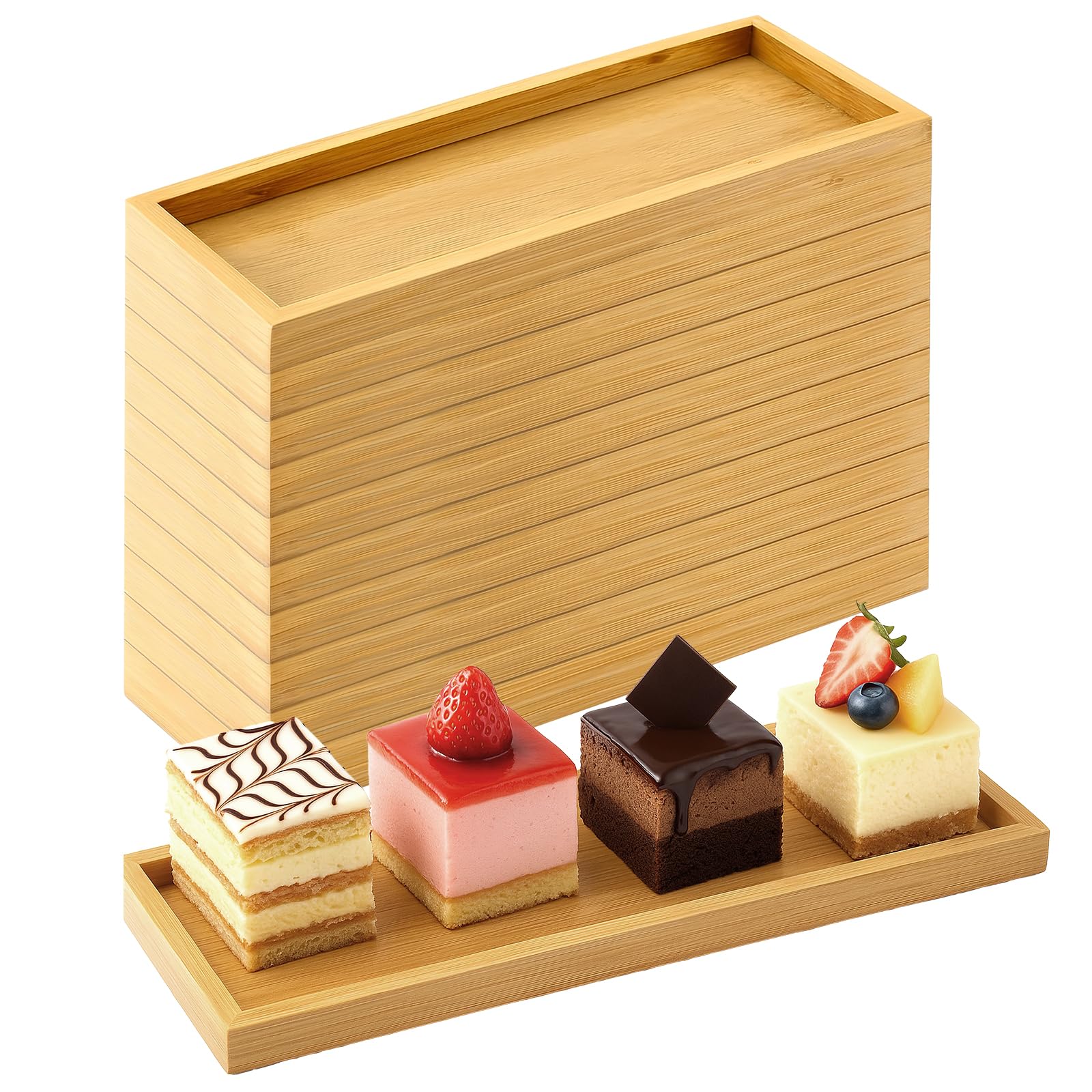 Lot de 10 plateaux rectangulaires en bambou - 29 x 10 cm - Petits plateaux de service en bois avec bord - Plateau fin en bambou pour restauration, café, thé, dessert, collations et dessous de verre