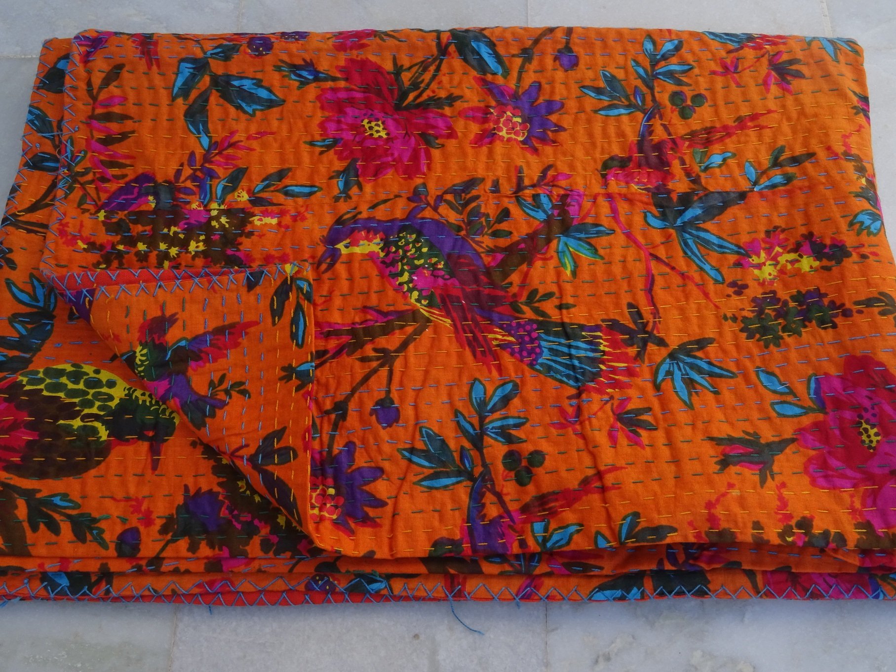Sophia-Art Orange Indian Reversible Kantha Quilt Handmade Bedspread Twin Size Throw Bird Print