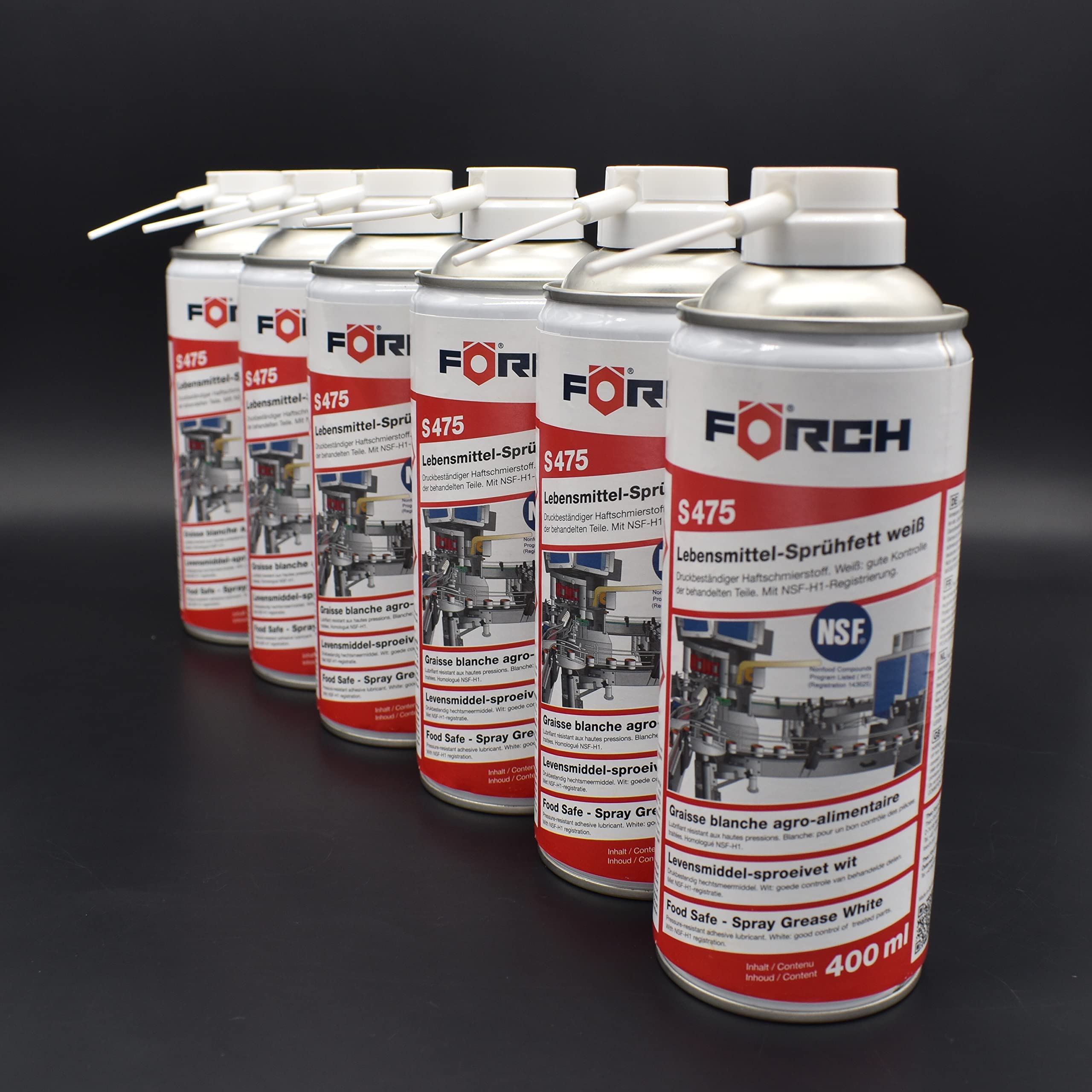 Förch 6X S475 Lebensmittel-Sprühfett 400ml - Druckbeständiger Haftschmierstoff weiß NSF-H1 Zertifiziert (6X 400ml)
