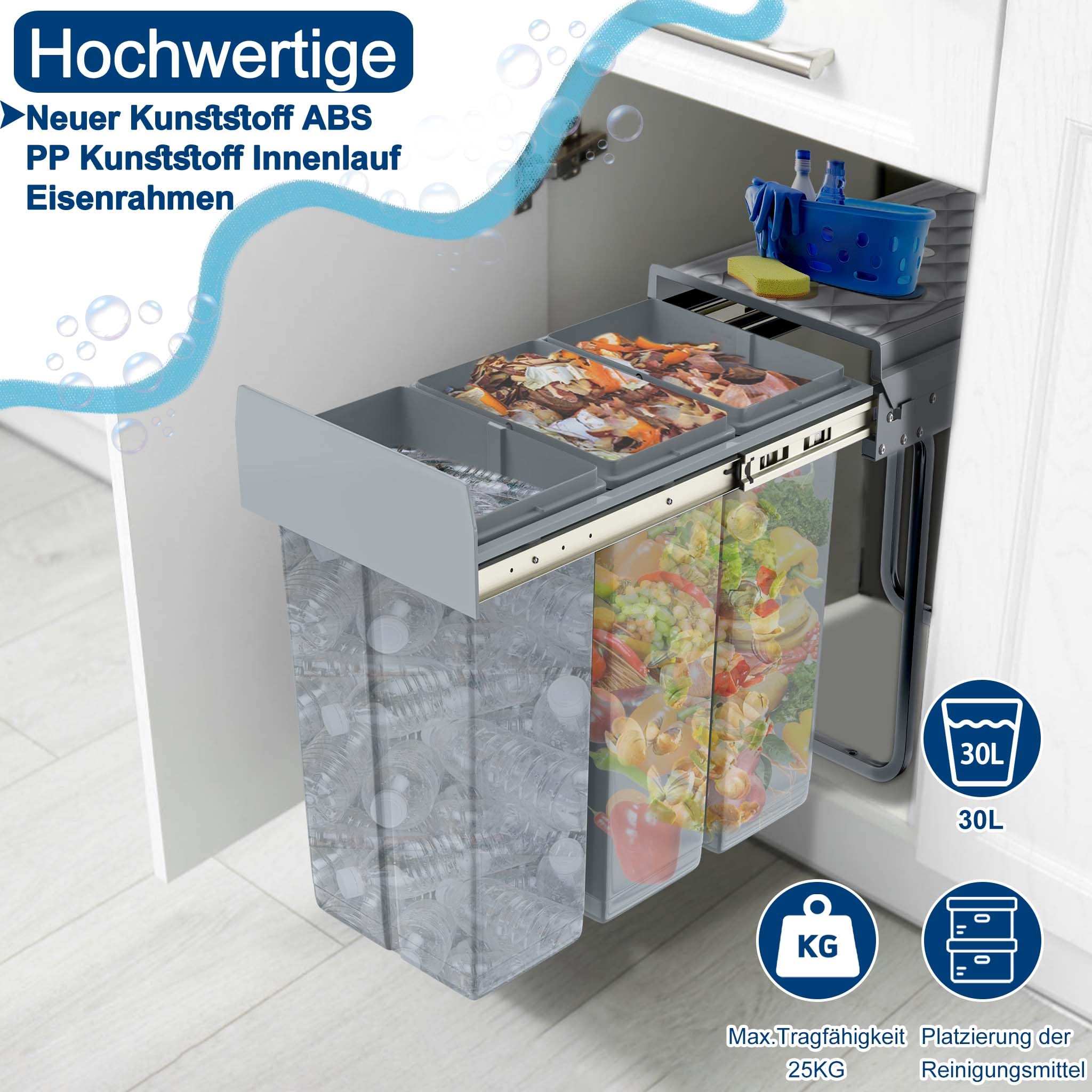 HENGMEI Kosz na Śmieci do Zabudowy w Szafce - Wysuwany System Segregacji z Szynami Teleskopowymi, Szary (3 x 10 l)