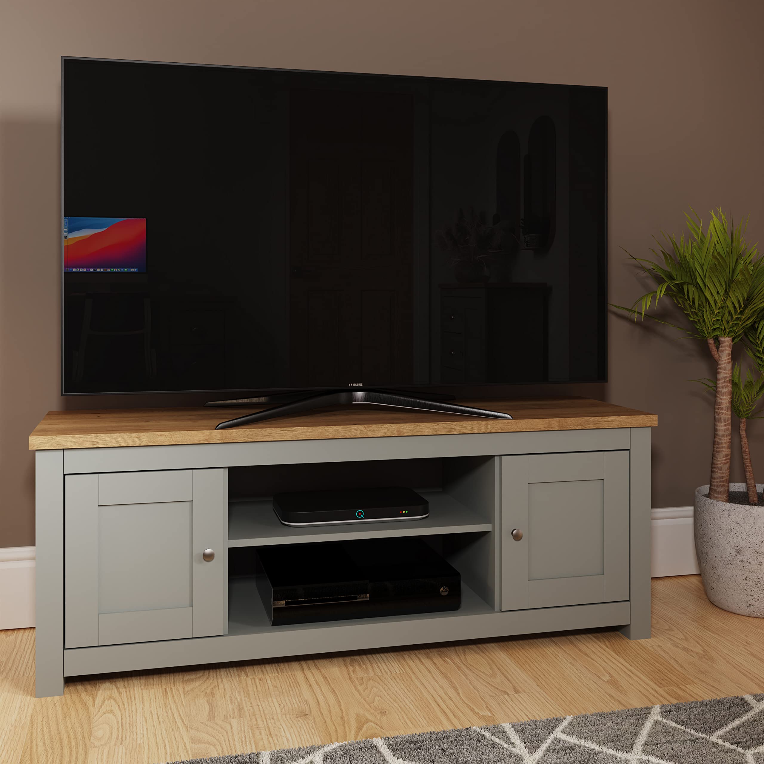 Timber Art Design UK Lisbon 2 Doors TV Unit Cabinet Storage Stand 2 Open Shelves Media Devices Modern Furniture Living Room, Bedroom, Light Grey