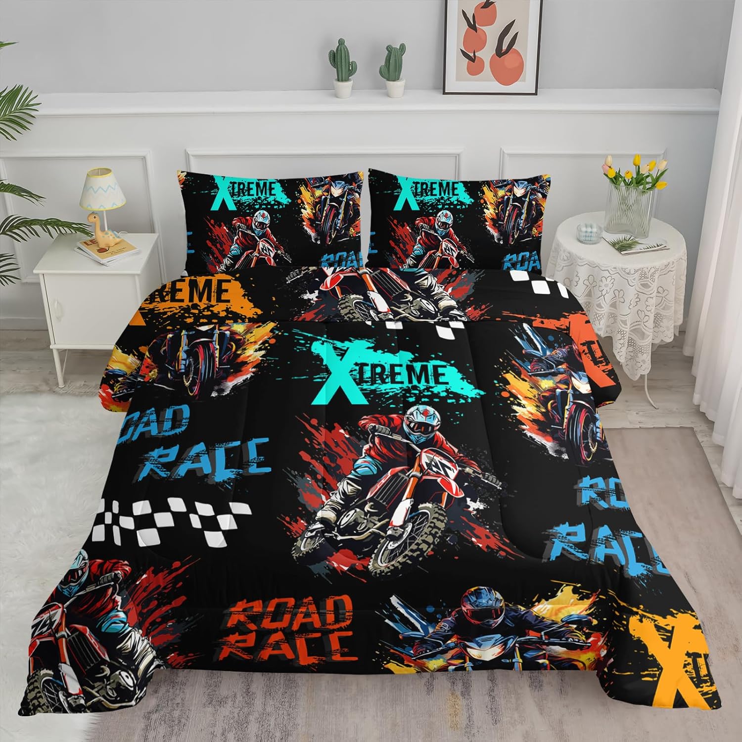 Axolotl Dirt Bike Comforter Set Queen Size,Road Race Comforter,Colorful Motorcycle Bedding Set for Boys Teens Adults,3Pcs Motocross Motorcyclists Bedding Set for Kids 1 Quilt 2 Pillowcases
