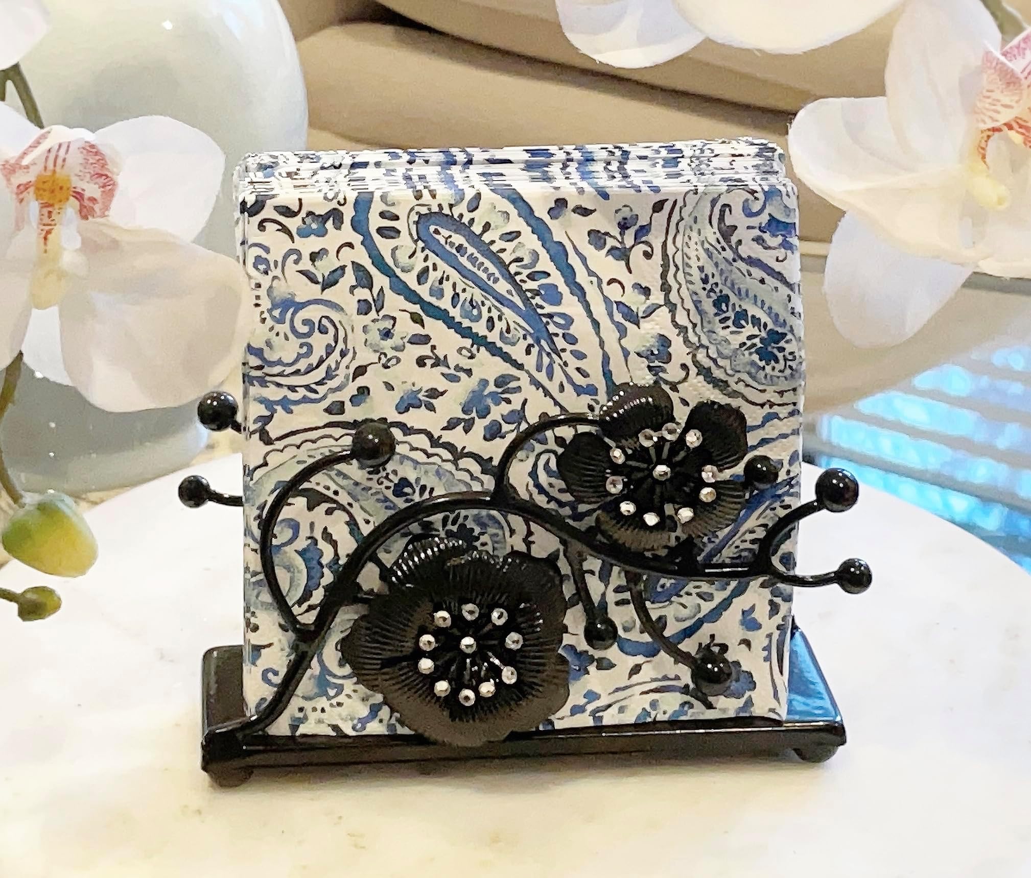 Black Orchid Blooms Napkin Holder| Exquisite Orchid Flowers & Faux Crystals Design| Vertical Iron Metal Disposable Tissue Paper Hand Towel Tabletop Tray| Home Kitchen Restaurant Party