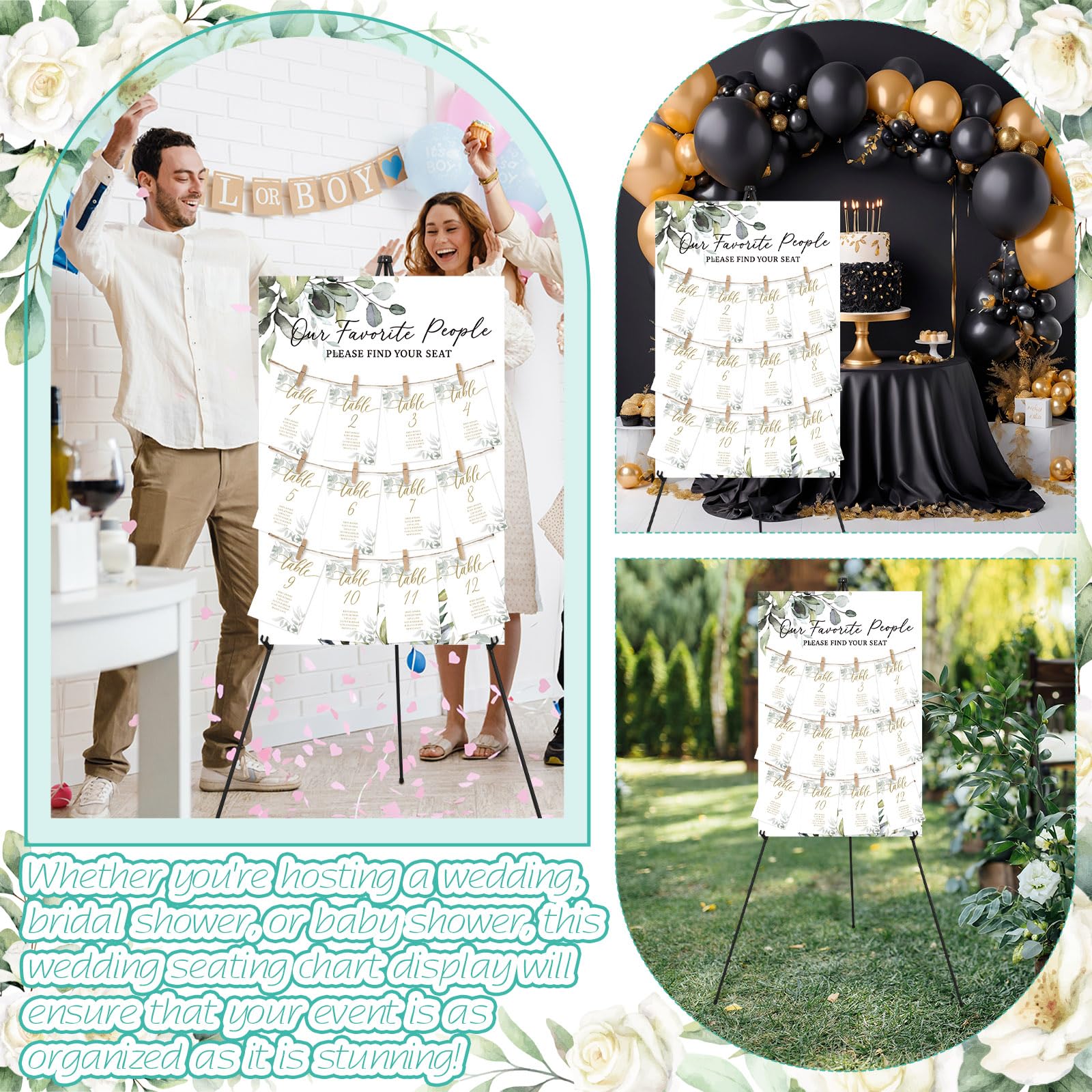 Pinkunn Greenery Hochzeits-Sitzdiagramm mit Staffelei, 39 x 60 cm, rustikales Holz-Sitzdiagramm, Aufschrift "Please Find Your Seat Sign for Baby & Bride Shower Wedding Sign Decor"