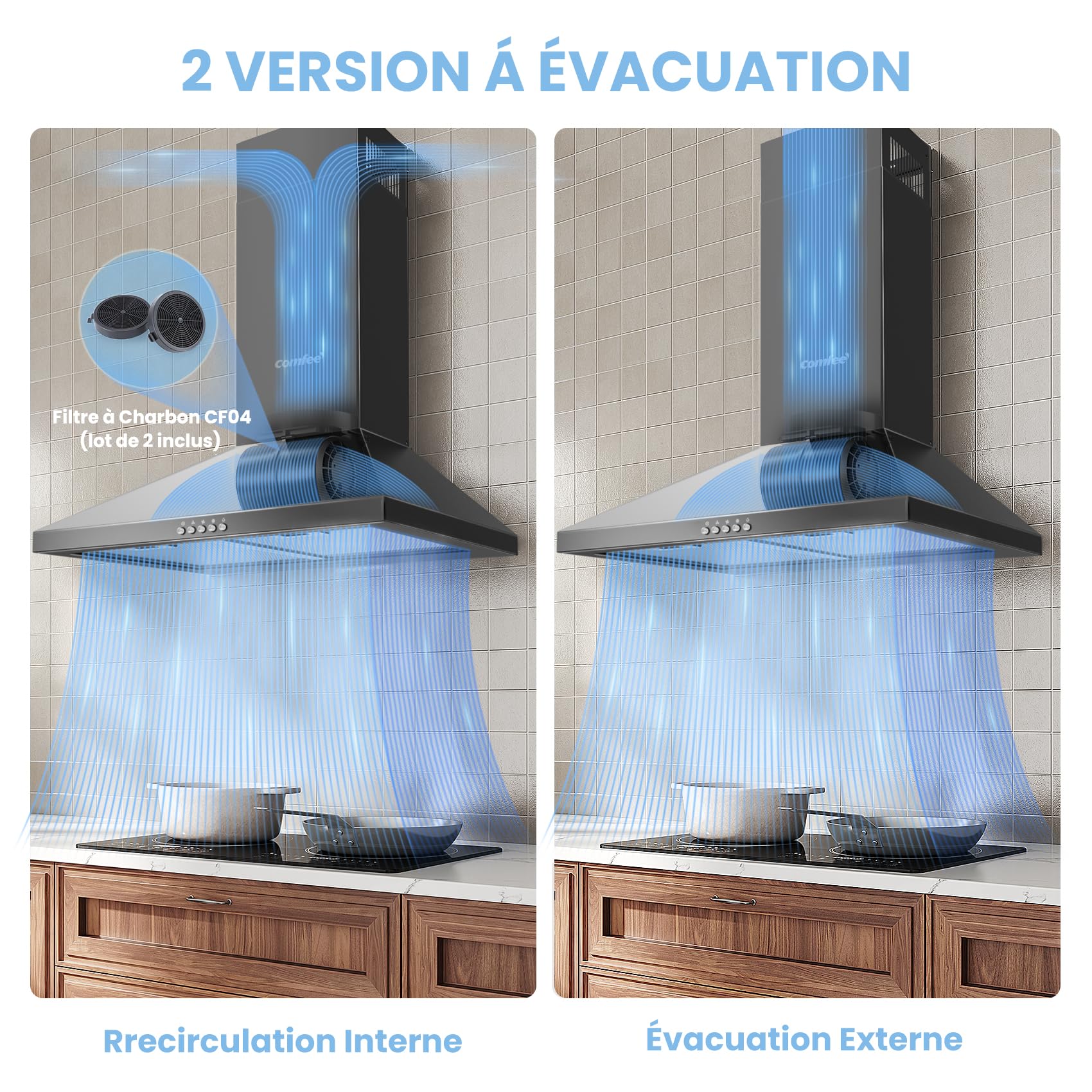 COMFEE' CH60A17EM400SS-EU A++ Hotte Aspirante 60 cm à Recirculation et Évacuation d'air avec Filtre à Charbon Actif, Débit d'air de 400 m³/h, Filtre à Graisse Lavable, Cheminée Réglable, Argenté