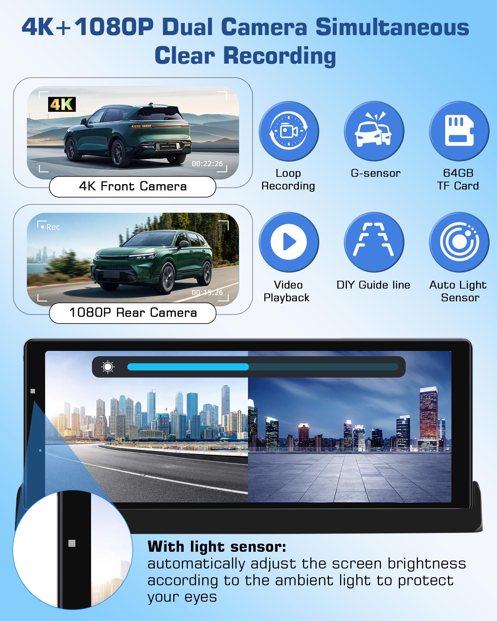 Car Play Android Auto sans Fil avec Dashcam 4K, 10,26 Pouces écran Tactile
