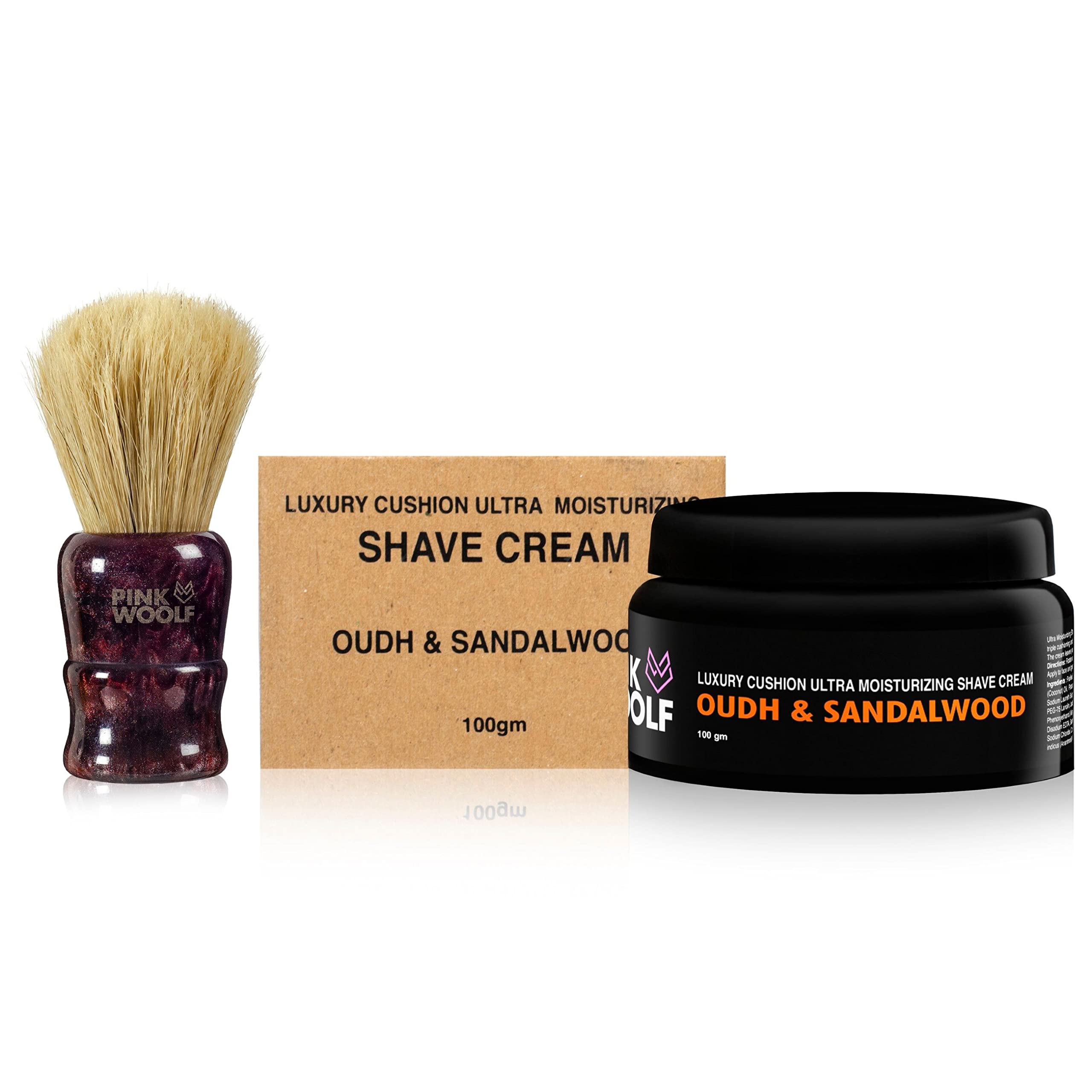 Pink Woolf Luxury Moisturizing Oudh & Sandalwood Shaving Cream & Boar Shaving Brush With Maroon Handle For A Close, Comfortable Shave, Luxury Shaving Kit For Men-(Combo Pack Of 2, 200 Gram)