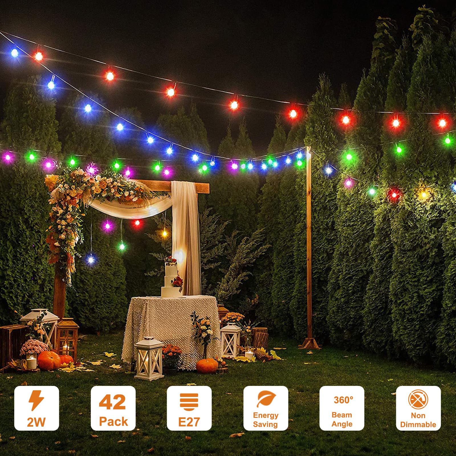 42er Pack Bunte Glühbirnen E27 LED Birne 2W,Farbige Glühbirne E27 Außen,G45 Bunt Leuchtmittel für Lichterkette Party Weihnachten Deko,Rot Grün Blau Orange Gelb Rosa Violett,Kunststoff