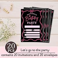 Vista 4 de ukebobo Invitación de cumpleaños retro con lazo rosa, invitación de fiesta de cumpleaños de 4 x 6, invitación de cumpleaños negra, 20 tarjetas