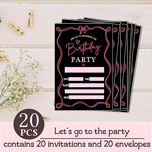 Miniatura 4 de ukebobo Invitación de cumpleaños retro con lazo rosa, invitación de fiesta de cumpleaños de 4 x 6, invitación de cumpleaños negra, 20 tarjetas de