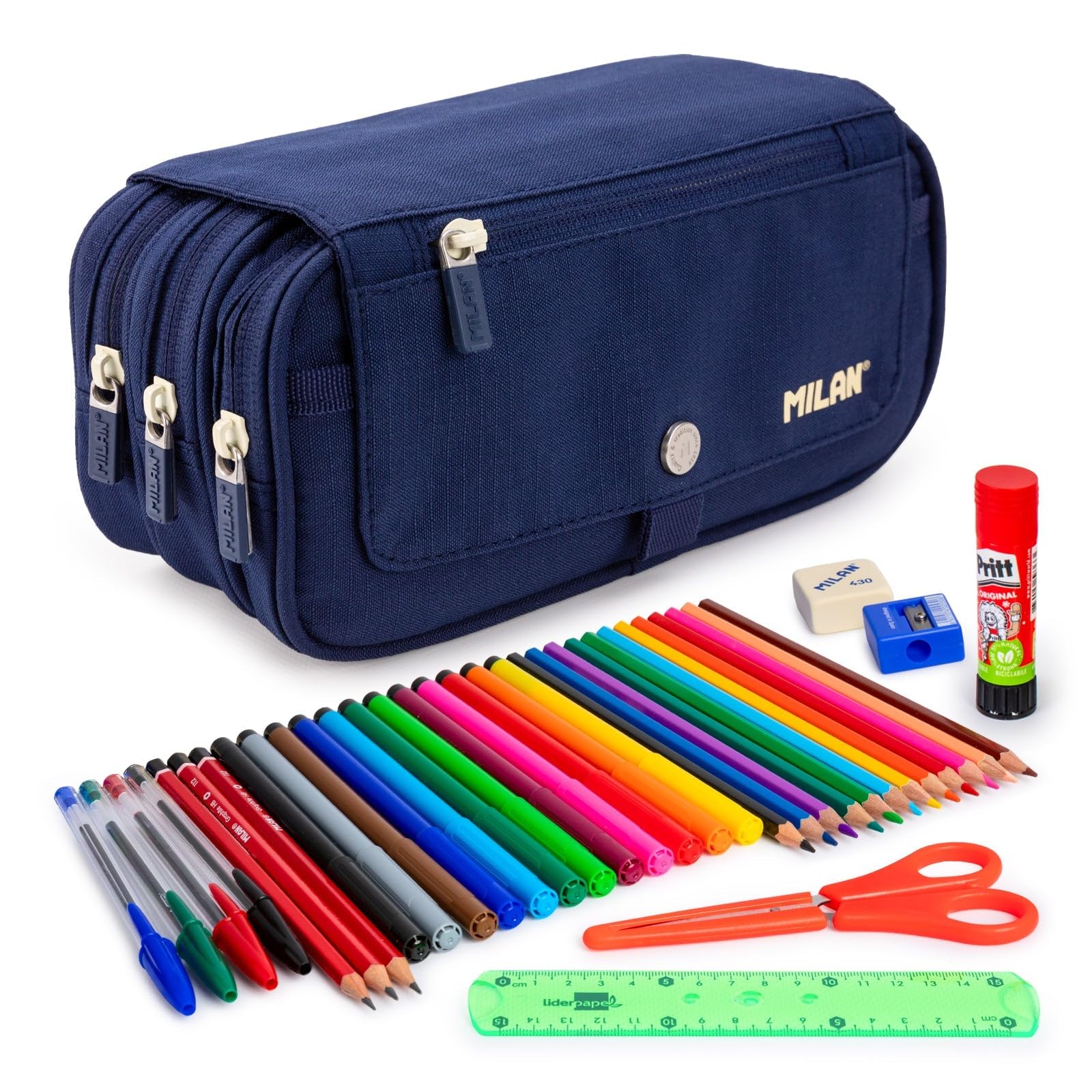 ColePack Eco - Lote de Estuche Portatodo Triple con 3 Cremalleras y Material Escolar de Primeras Marcas Incluido (Eco Azul)