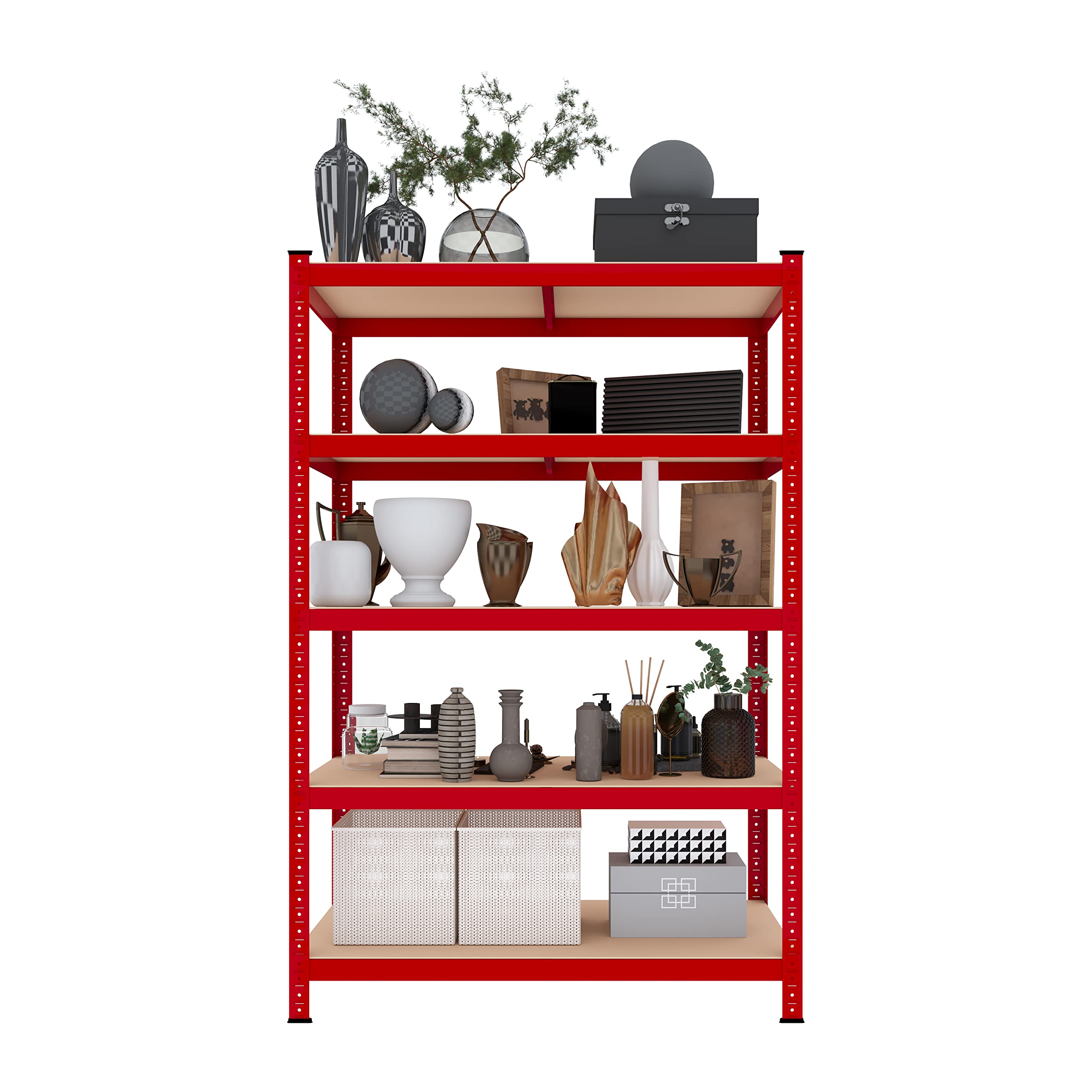 Bricozone Scaffale In MDF E Metallo Con 5 Ripiani Regolabili In Altezza Mensole Alta Portata Fino a 875 kg Garage Officina Cantina Capannone Magazzino Design Modulare 180 x 90 x 60 cm (Red)