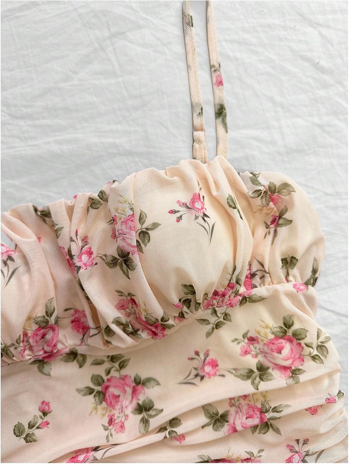 WDIRARA Women's Plus Size Boho Floral Cami Dress Ruched Spaghetti Strap A Line Short Dresses - Image 4