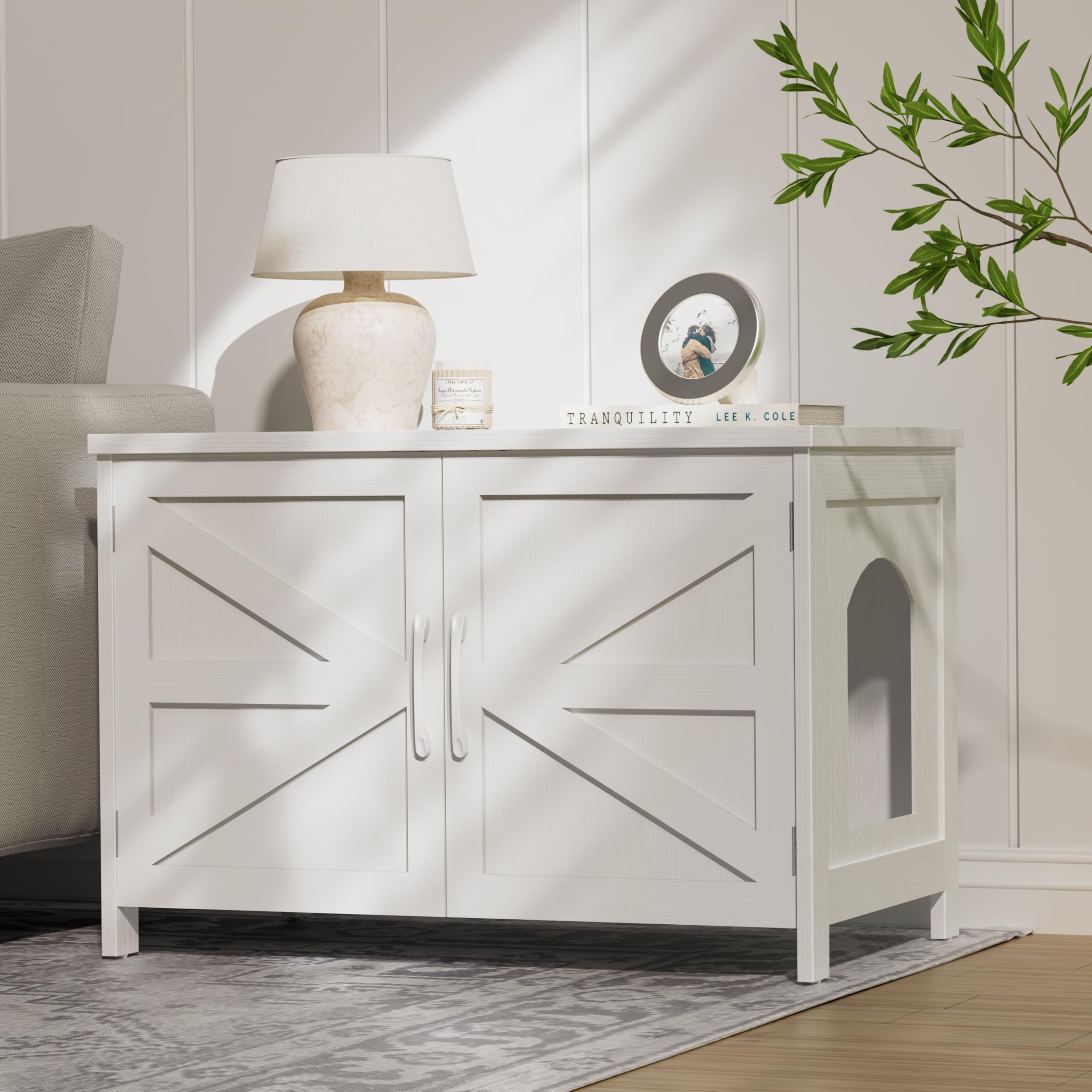 Cat Litter Box Enclosure Furniture - Wooden Hidden Cat Washroom Furniture with Barn Door, Wood Pet House Litterbox, White Extra Large XL Enclosed Litter Hiding Enclosures - image 7