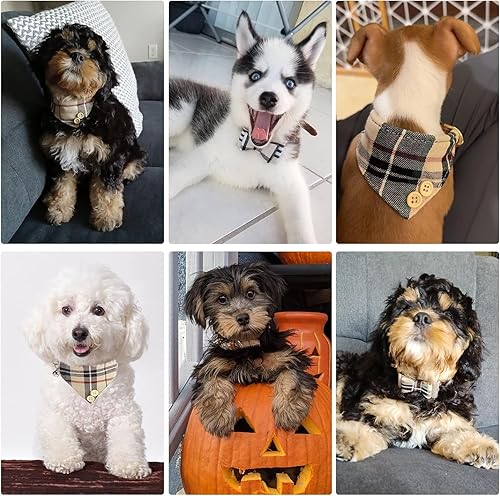 Miniatura 6 de Juego de collar y correa para perros pequeños con pajarita, collares de correa para cachorros, a cuadros beige clásicos, tamaño ajustable con