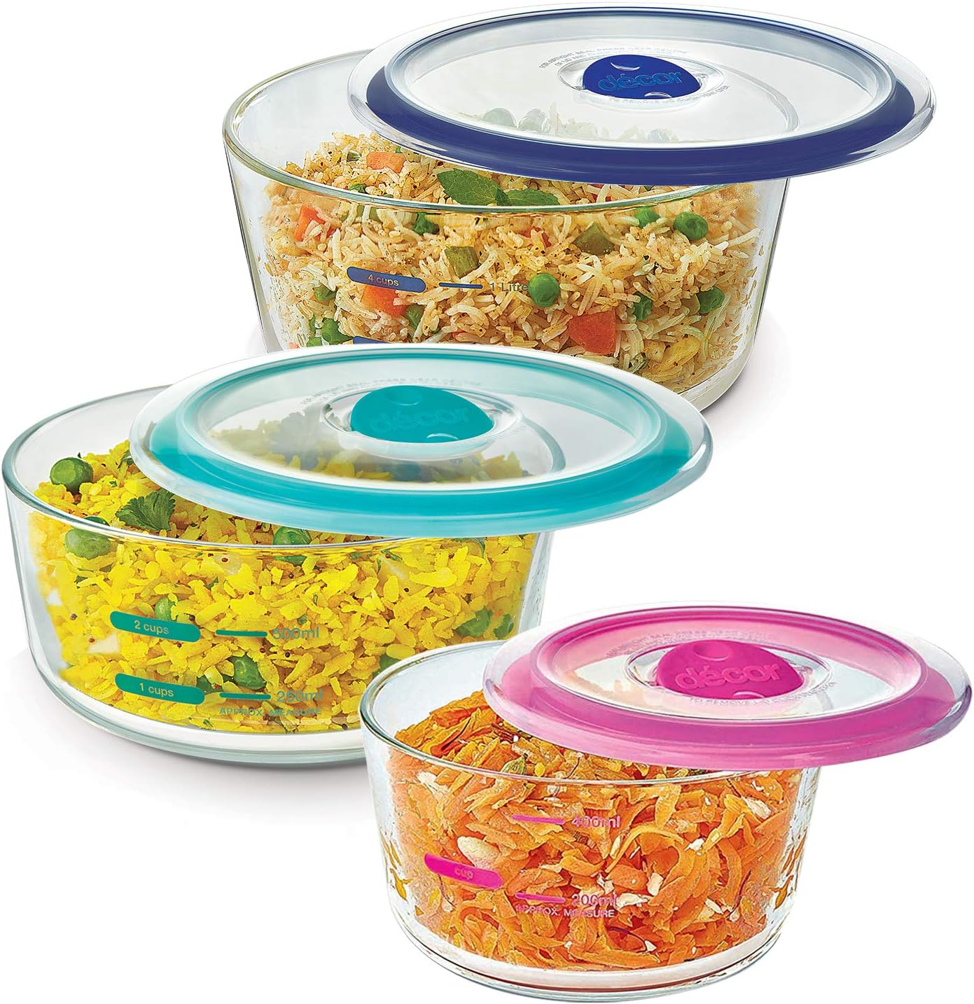 Décor Glass Container- 500 ml, 750 ml & 1.5 L, 3 Pieces, Multicolour