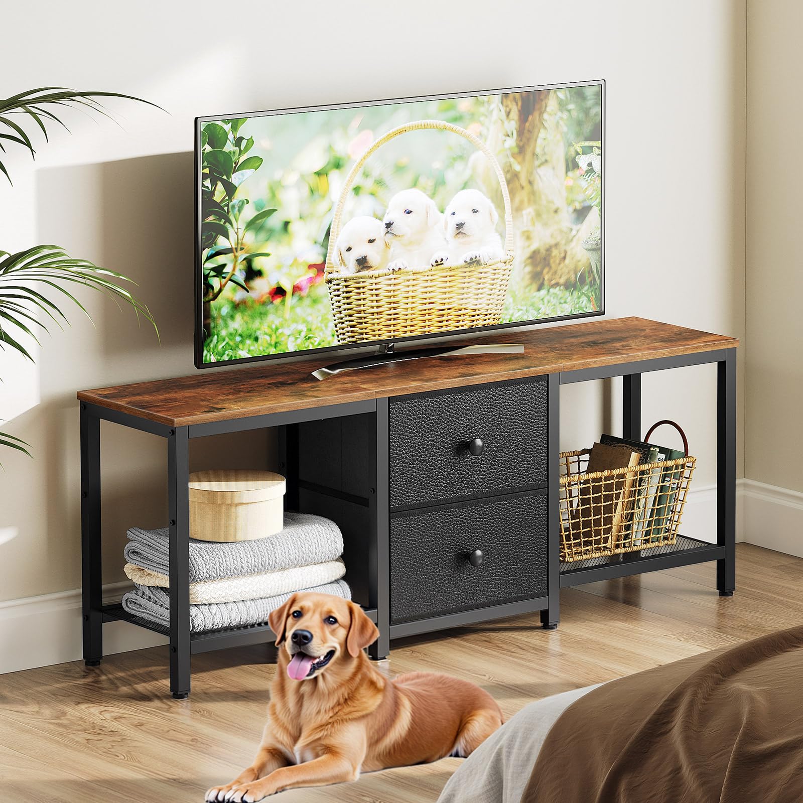 YATINEY Mueble para TV, Soporte para Televisor de hasta 55", Mueble Multimedia con Estantes y 2 Cajones, Marco de Metal, para Salón, Dormitorio, 120 x 30 x 50 cm, Marrón Rústico y Negro XDS02BR