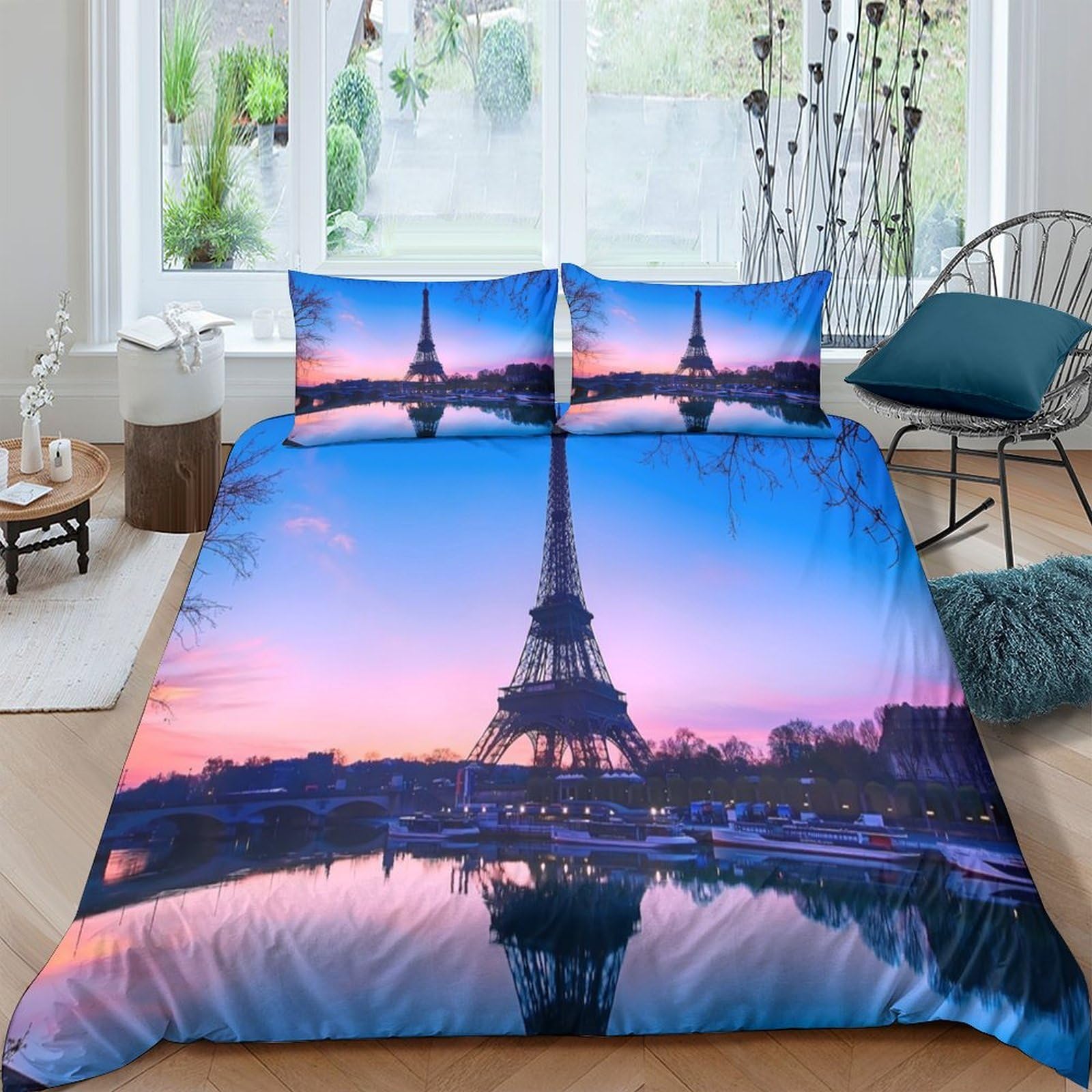 Ctjqhvkz Style-3 3D Printed Eiffel Tower Sunset Fitted Sheet Microfiber Soft Decor Artistic Bed Cover For Bedroom Guest Room Single（135X200cm）