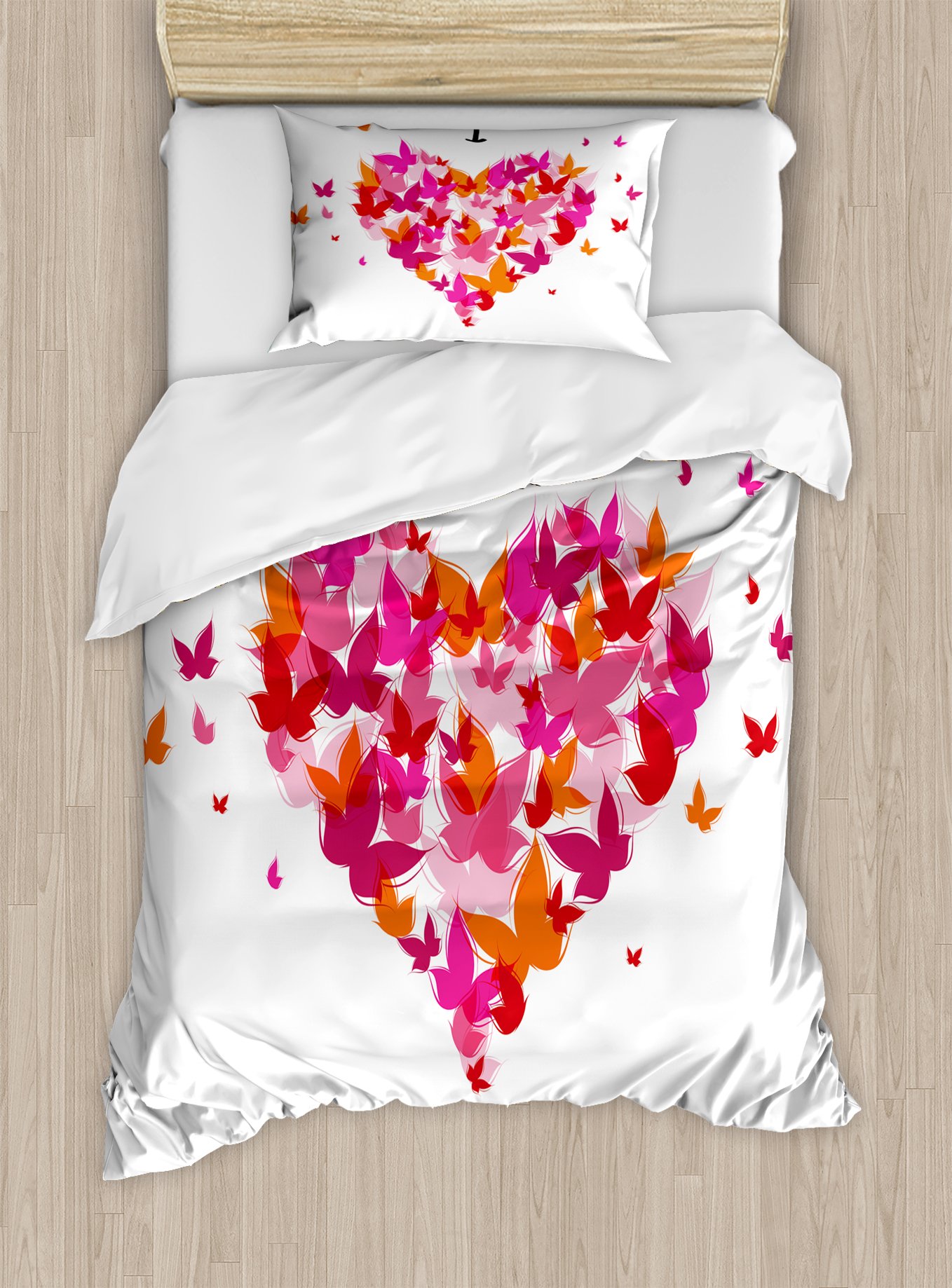 Ambesonne Love Duvet Cover Set, Heart Filled Butterflies Soul Mate Real True Deep My Dear Illustration, Decorative 2 Piece Bedding Set with 1 Pillow Sham, Twin Size, Pale Pink