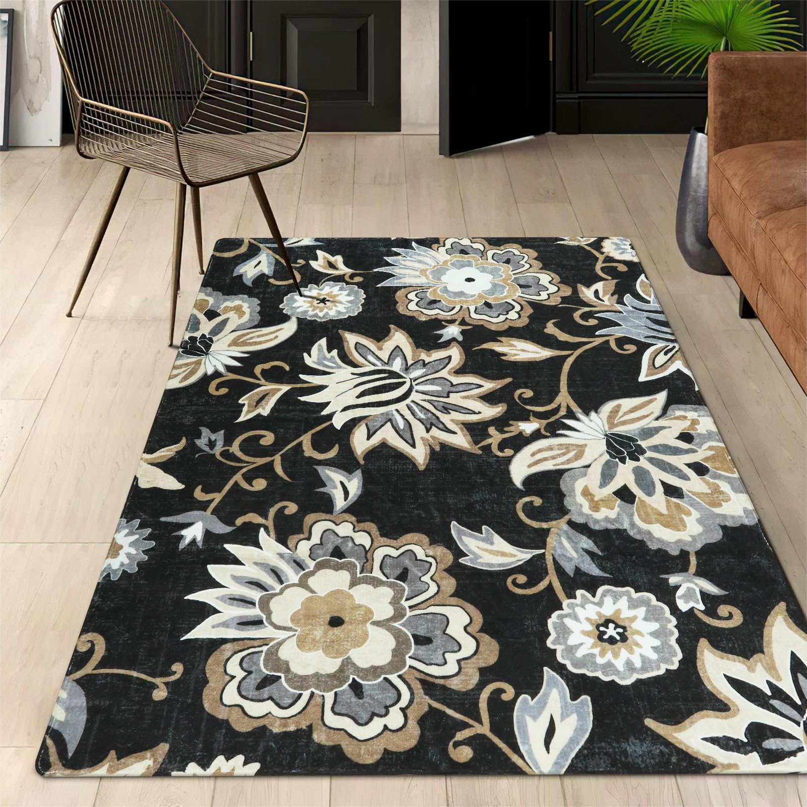 Lahome Floral Black Rug for Bedroom - Washable Rugs 4x6 Non-Slip Ultra-Thin Soft Living Room Area Rug Stain Resistant Throw Entryway Indoor Rugs, Paisley Print Accent Rugs Carpet for Kitchen Laundry