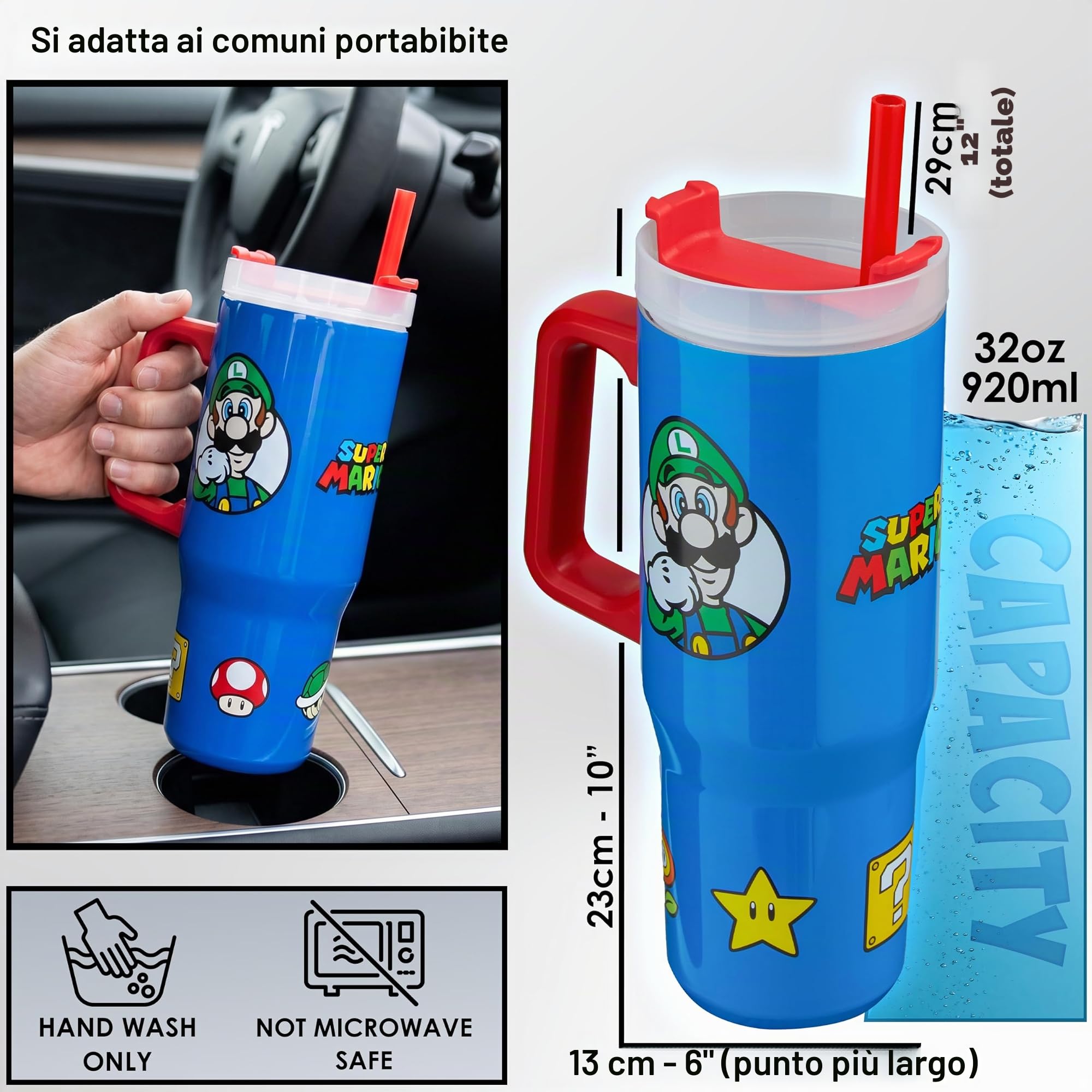 Get Trend Super Mario Tazza Termica con Manico e Cannuccia 920ml, Borraccia Termica Acciaio Inox a Doppia Parete Senza BPA, 42H Ghiaccio, 12H Freddo e 8H Caldo, Coperchio (Blu Super Mario)