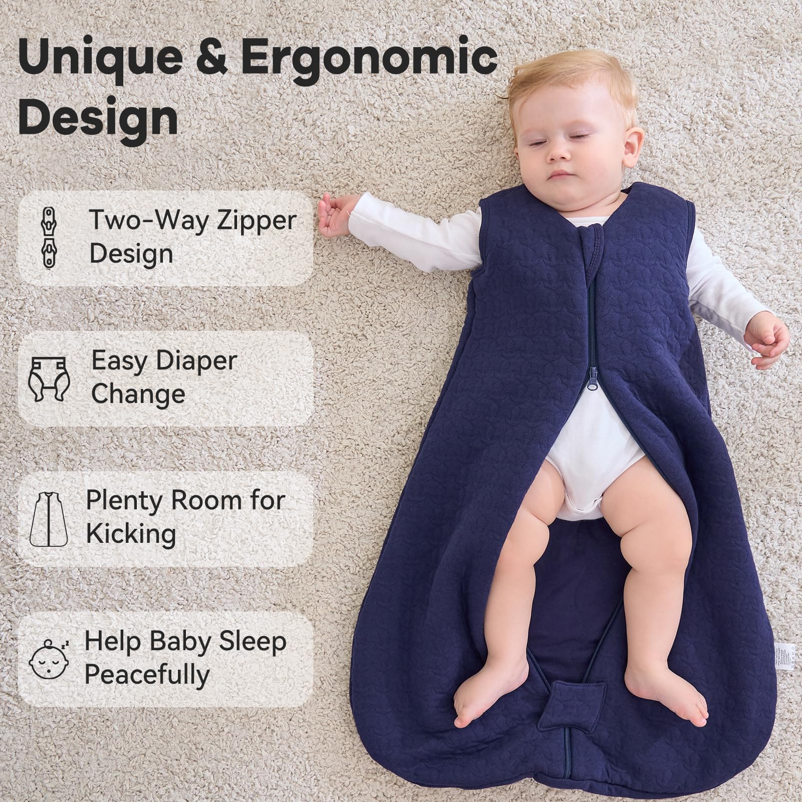 Unnivoll Sacco Nanna Invernale 6-12 Mesi - Sacco Nanna Neonato 2,5 Tog per Bambini, Tessuto 100% Cotone, Primavera Estate Inverno Autunno Blu Navy