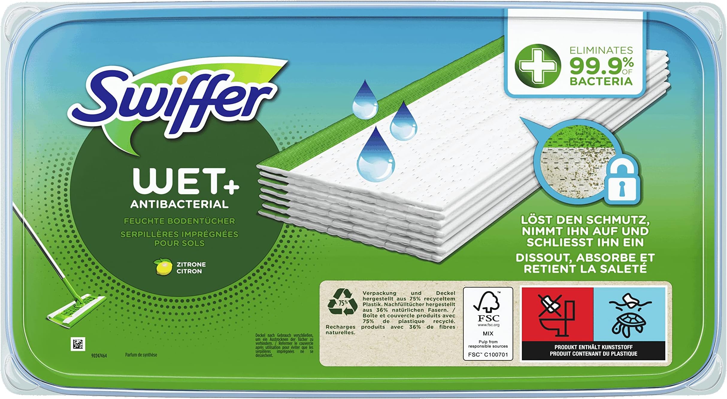 Antibacterial moist floor cloths, pack of 10, remove 99.9% of bacteria, quick & easy floor wiping