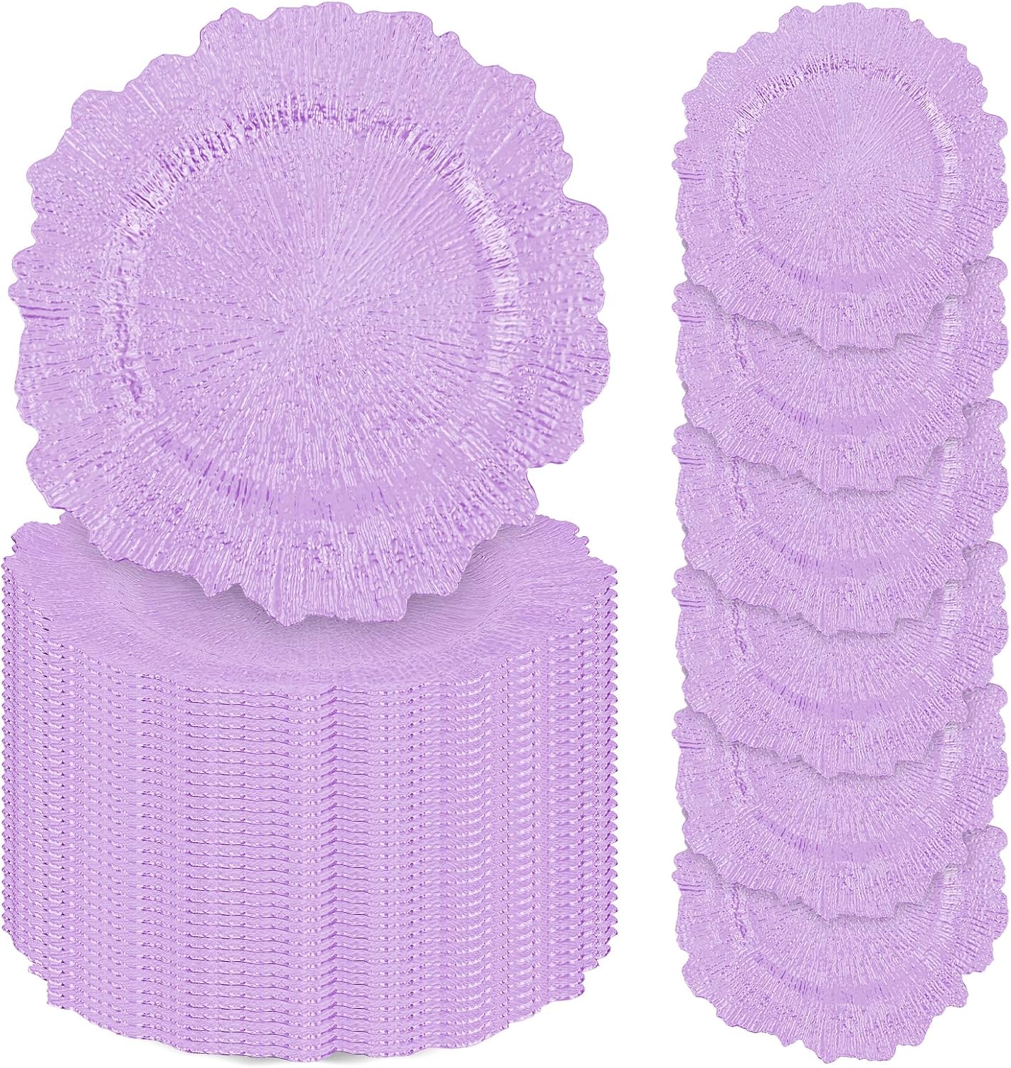 50 Pcs Lavender Charger Plates Bulk, 13" Reef Plate Chargers for Dinner, Plastic Floral Decorative Plates for Table Setting, Wedding, Party, Event, Decoration
