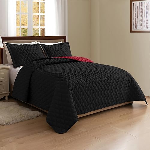 Miniatura 6 de Elegant Comfort Juego de colcha reversible acolchado de 3 piezas con fundas de almohada, exquisitas costuras de diamante para todas las estaciones,