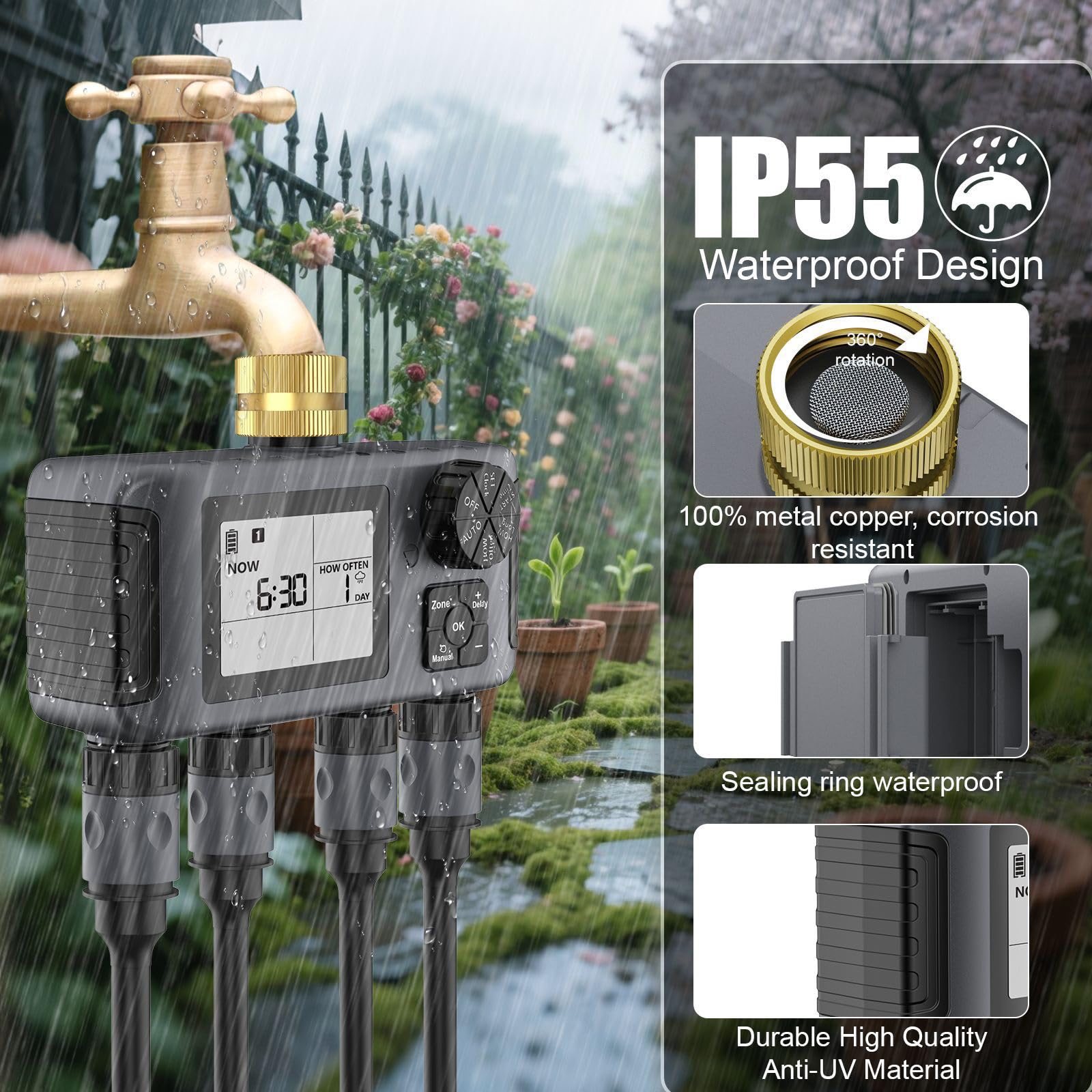 Timer per tubi da giardino a 4 zone Modalità di ritardo della pioggia manuale automatico IPX5 Regolatore di irrigazione del rubinetto in ottone resistente alle intemperie per iarde irrigazione