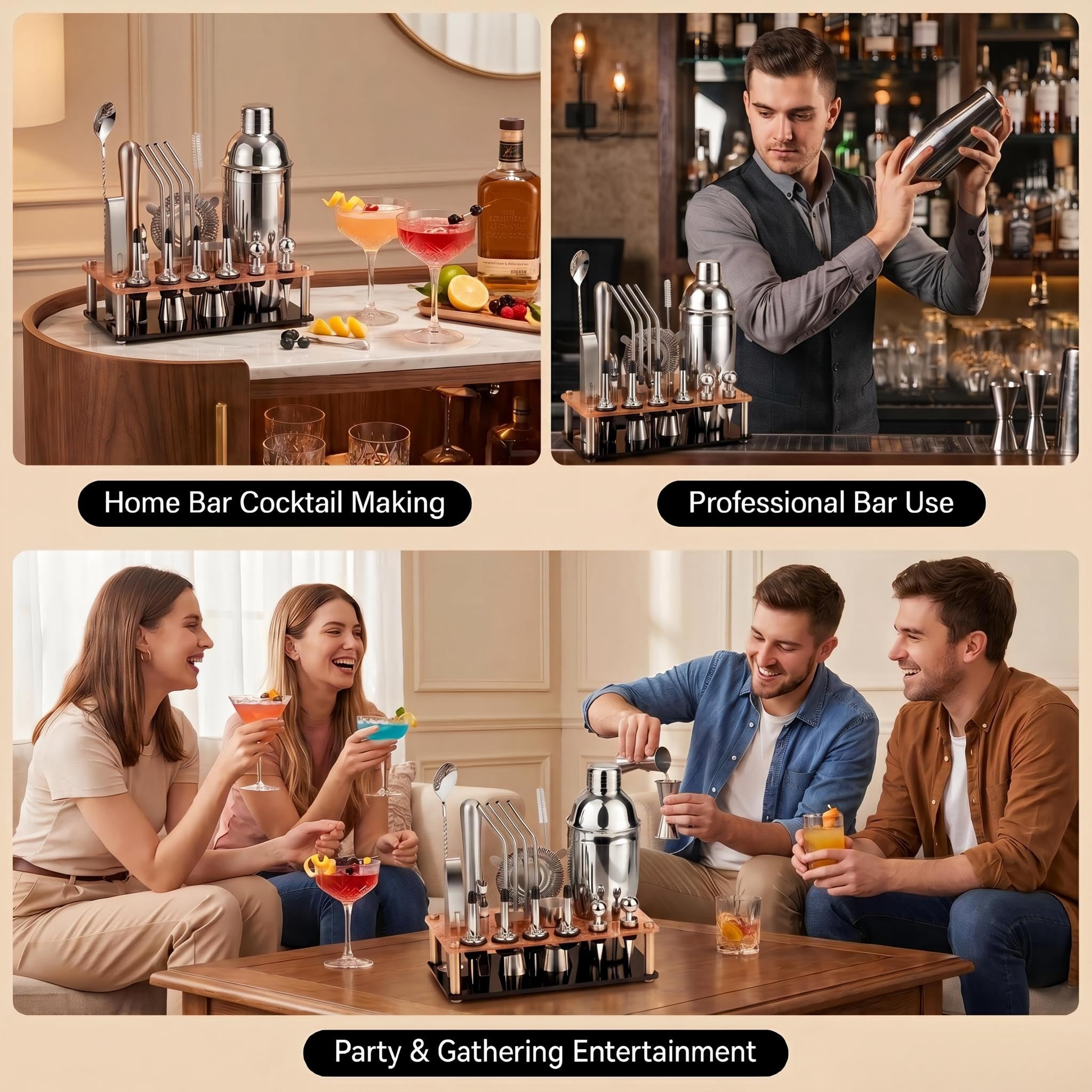 KINGROW Kit per preparare cocktail, 20 pezzi con supporto, argento 708,7 g