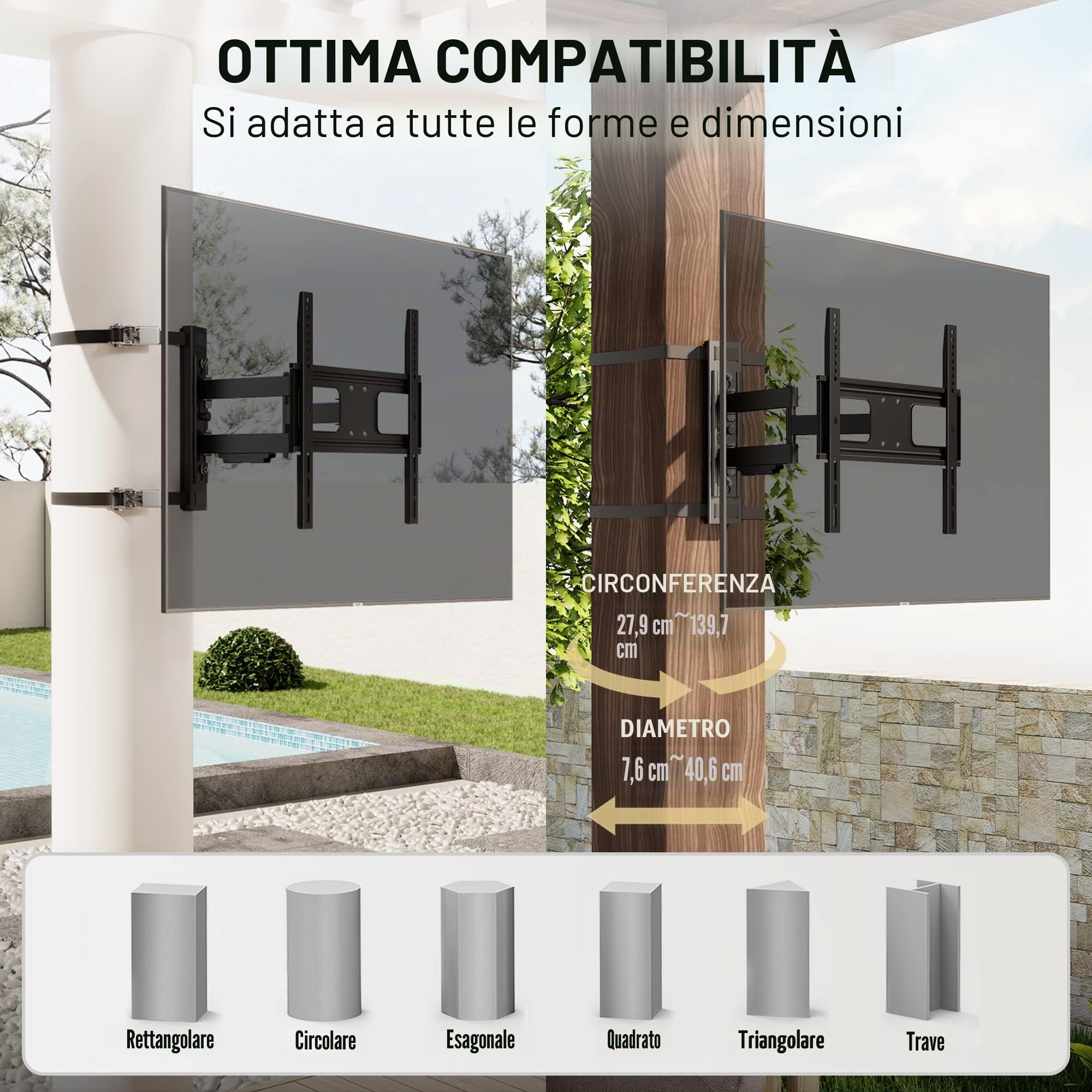ZeboZap ZZTVA2044 - Supporto per TV da esterni, senza trapano, movimento completo, supporto TV per gazebo, supporto TV per patio, pergola, supporto TV quadrato, viti in acciaio inossidabile