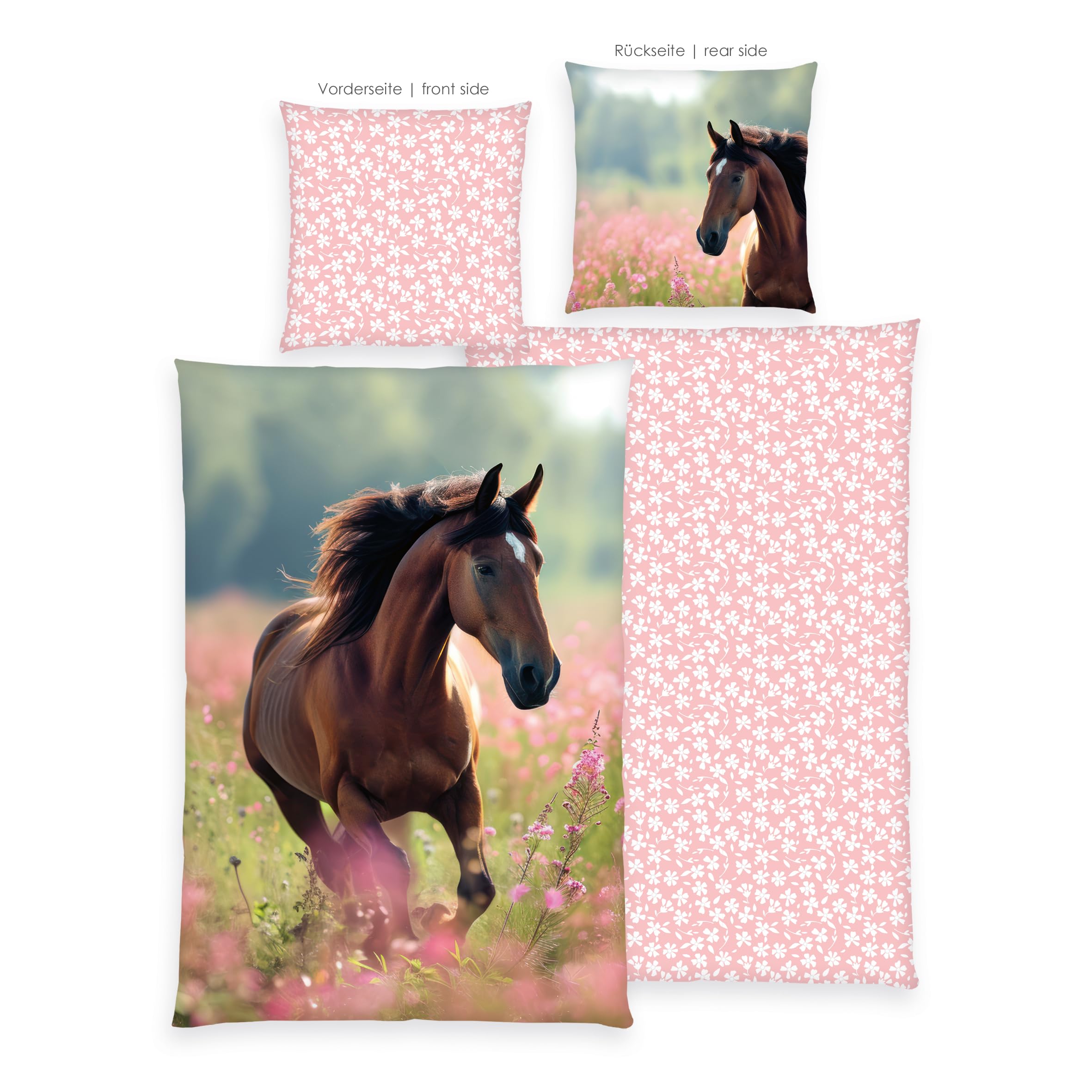 Herding Young Collection Biancheria da Letto Cavallo, Federa 80 x 80 cm ca., Copripiumino Circa 135 x 200 cm, Con Cerniera Scorrevole, 100% Cotone Renforcé