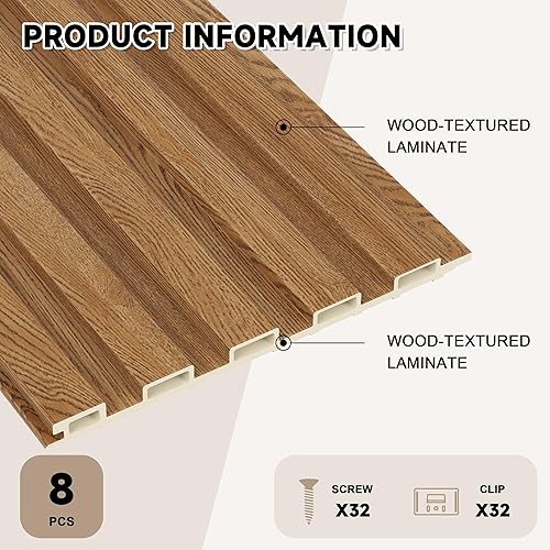 Miniatura 3 de WPC - Paneles de pared con listones, paquete de 8 paneles de pared 3D WPC de madera, paneles acústicos para decoración de pared interior, sala de