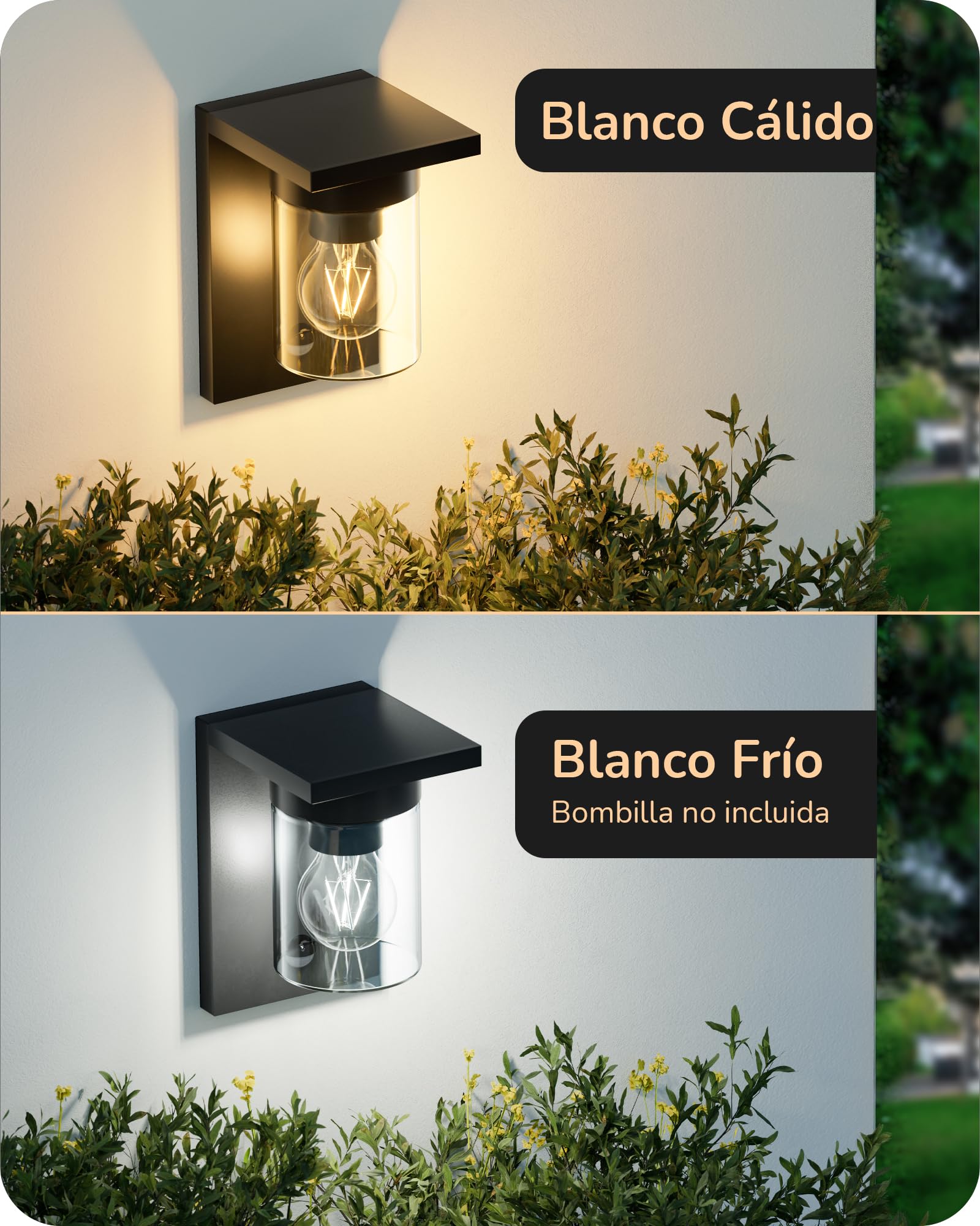 EDISHINE Aplique Exterior, Sensor Movimiento, Cristal Transparente, Negro | Casquillo E27, Impermeable IP44, Carcasa de Aluminio, Sin Bombilla, ideal para Puerta de Entrada y Fachada