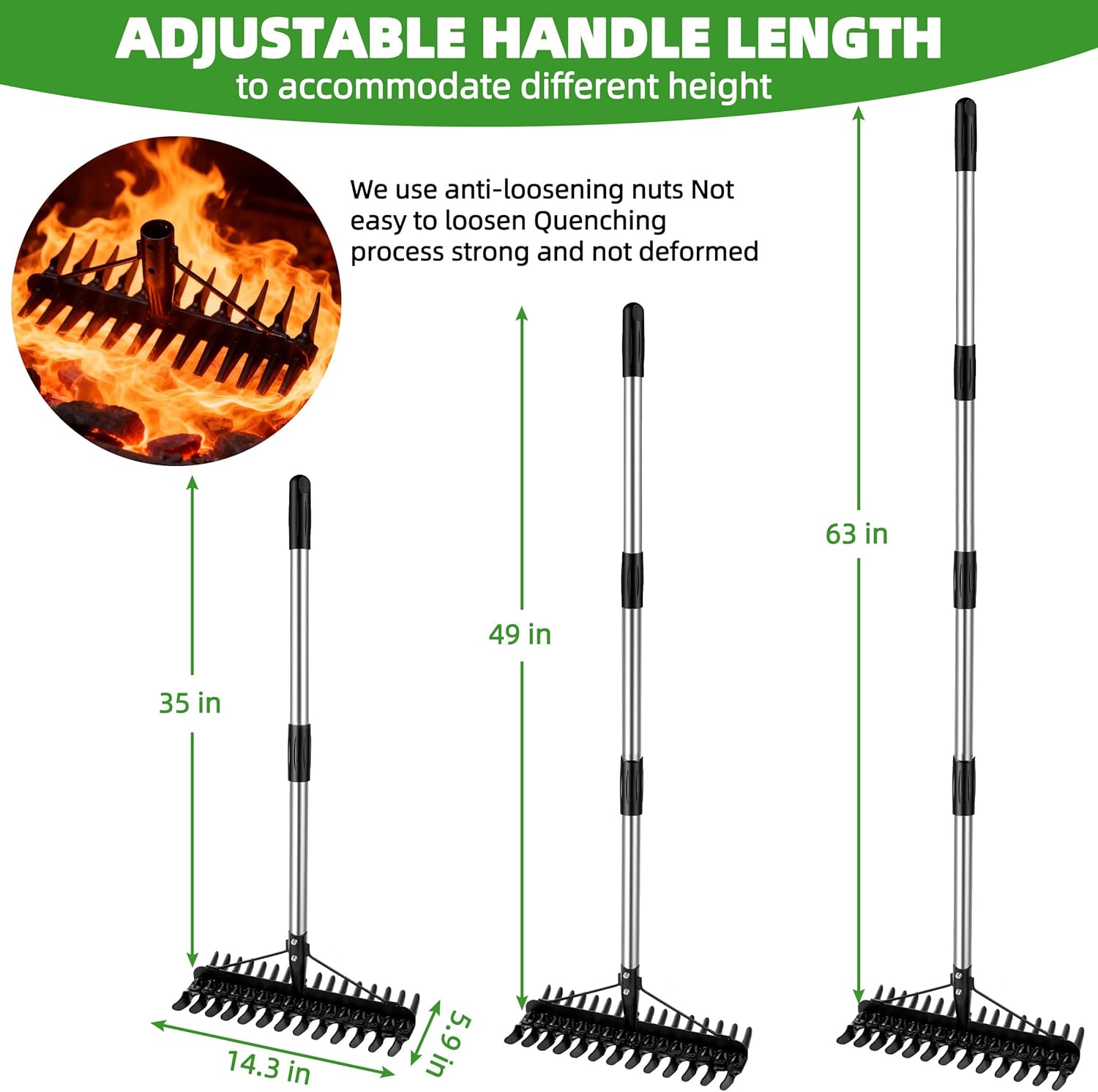 Thatch Rake for Lawns 36-63'' Stainless Steel Adjustable Handle for Dethatching & Aeration Heavy Duty Landscape Garden Leaf Dethatcher Rake for Soil Preparation Upgraded Dual-Action Tines