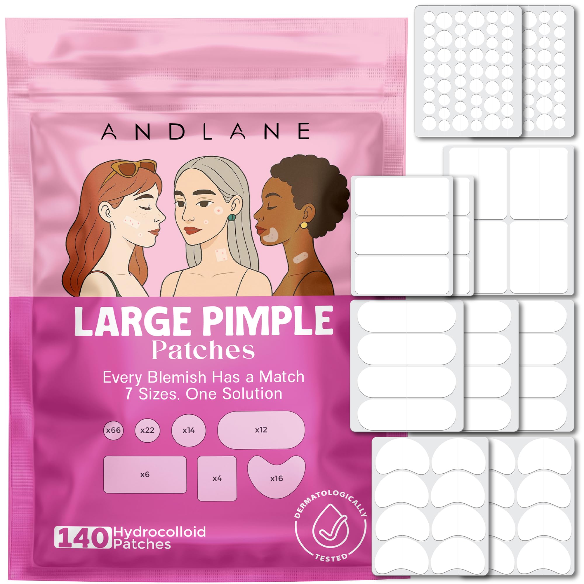 140 pcs Large Pimple Patches for Face 7 Sizes XL Acne Patches for Full Face Big Hydrocolloid Bandages