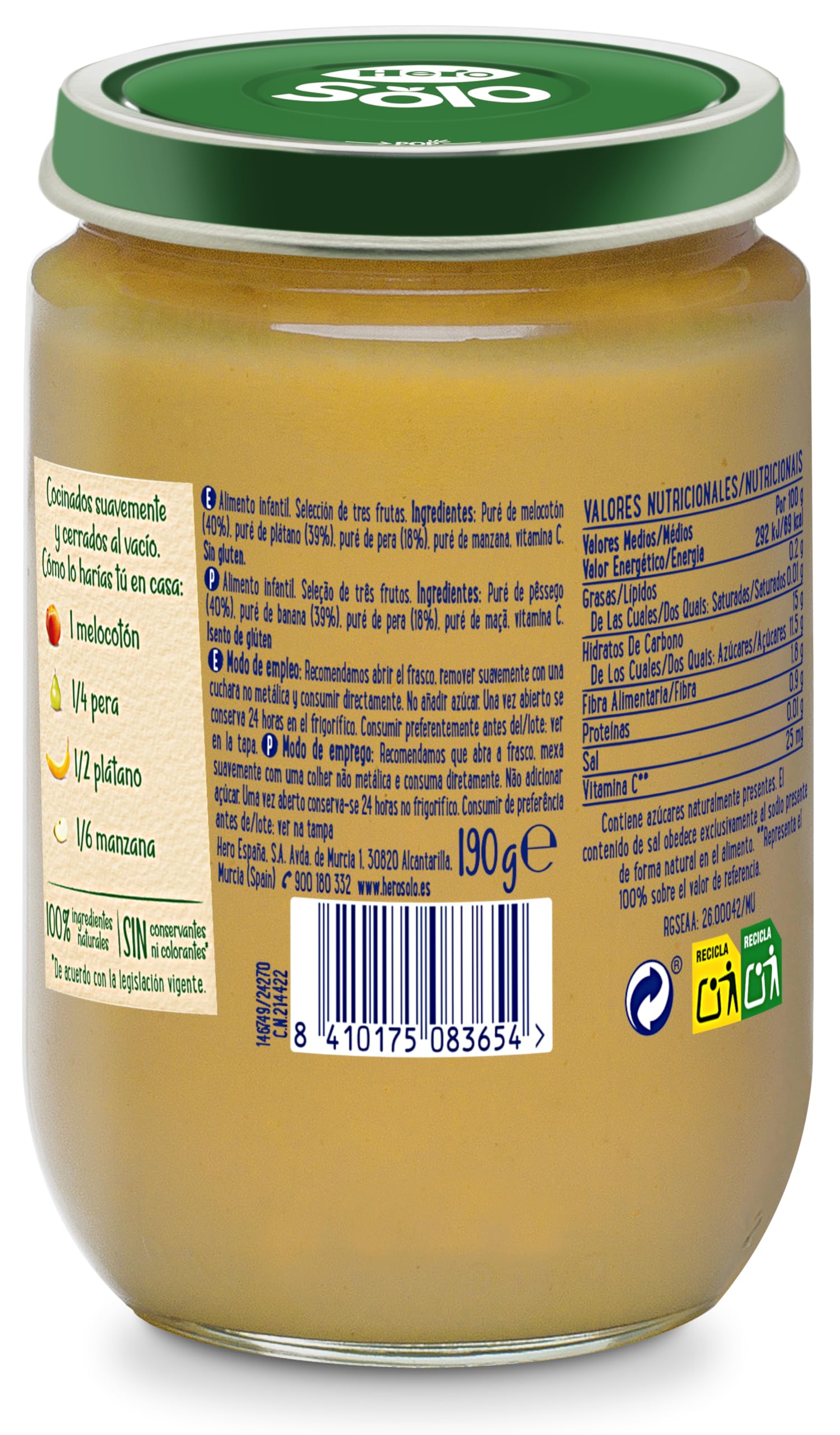 Hero Baby - Tarritos de Selección de 3 Frutas, Melocotón, Platano y Pera, Sin Almidón, Sin Azúcar Añadido, Ingredientes 100% Naturales, para Bebés de +4 meses, Pack de 12x190g