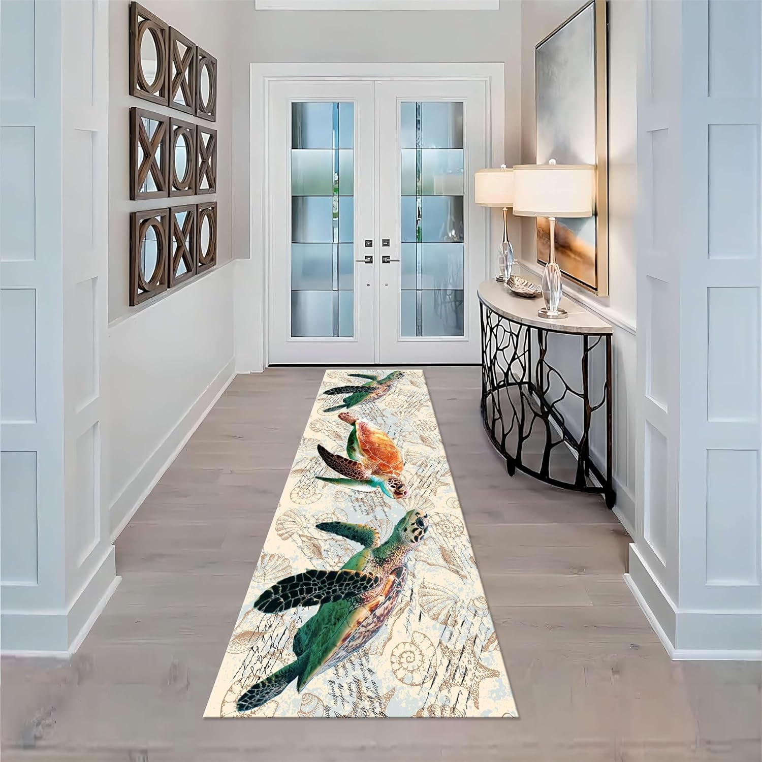 Puyosvrv Retro Sea Turtle Long Hallway Rug,2x7ft,Beach Theme Starfish Shell Conch Pattern Rugs,Marine Animal Area Carpet,Non-Shedding Washable Kitchen Rug for Bedside Living Room