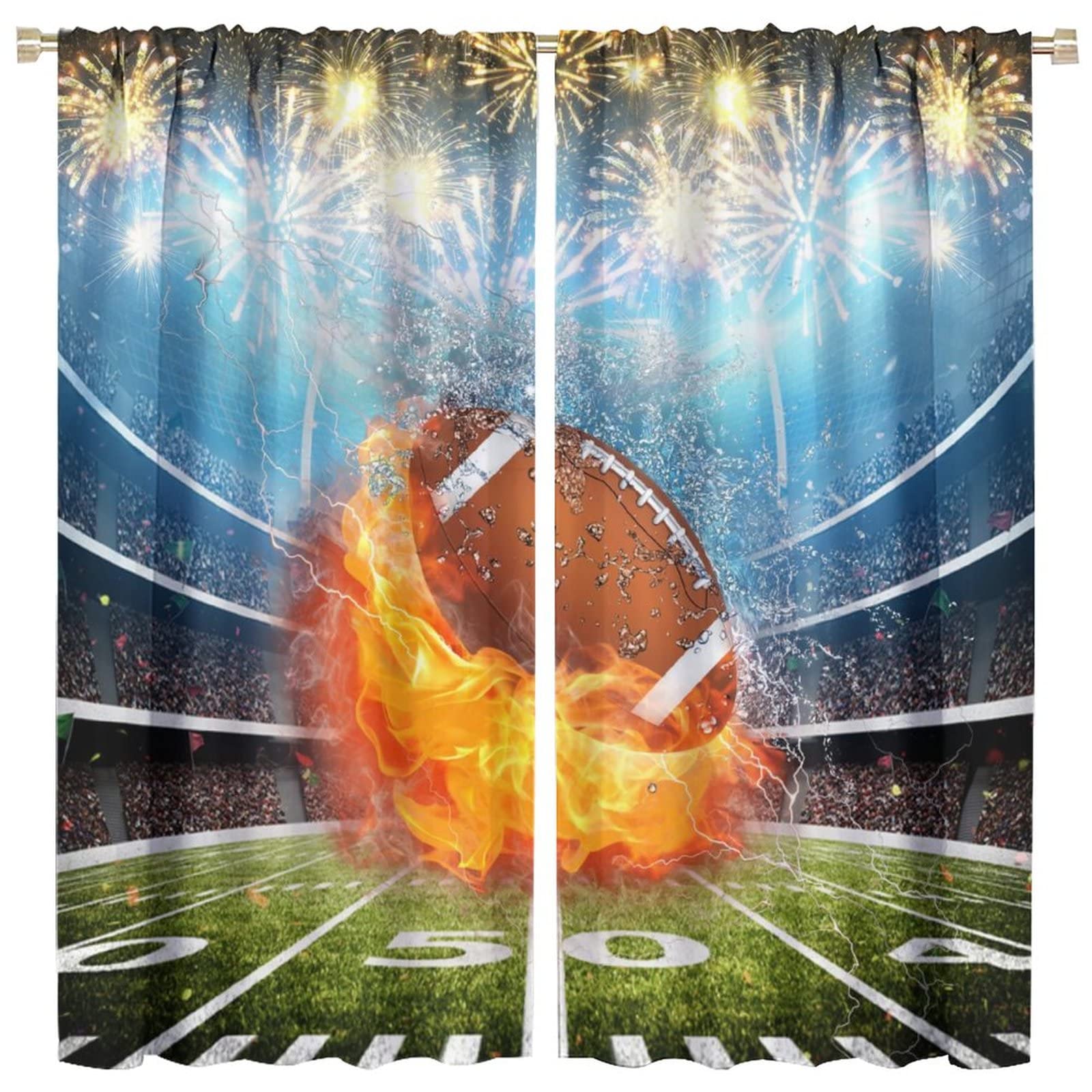 INSFBRB Sports American Football Rod Pocket Blackout Curtains for Living Room,Noise Reduction Water Flame Mist American Rugby Stadium Boys Gaming Bedroom Curtains,2 Panels 45L x 21W