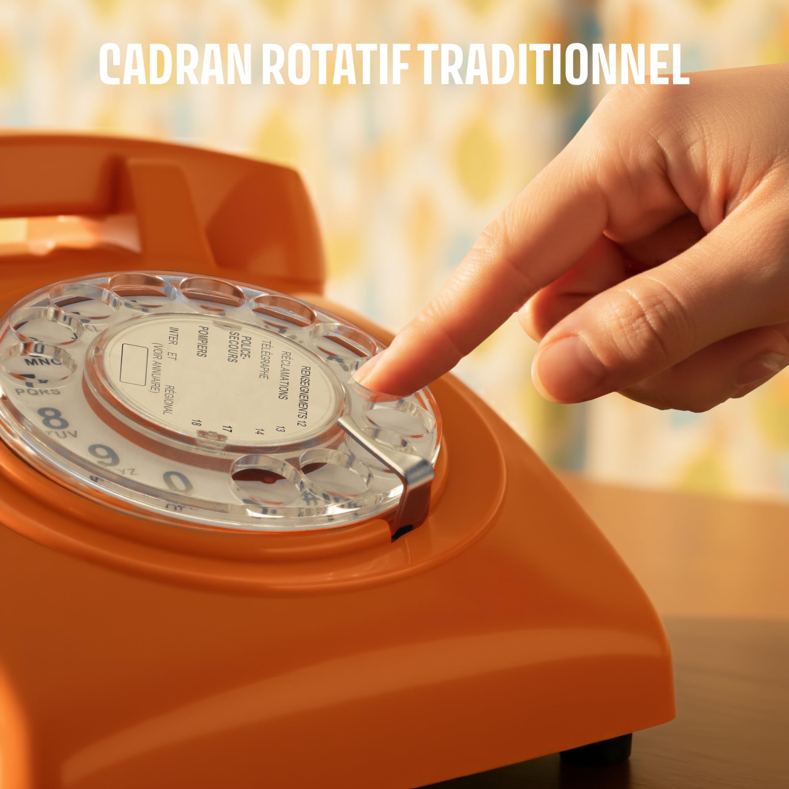 Opis Technology 60s Cable – Téléphone Fixe Vintage à Cadran Rotatif & Cloche Mécanique – Compatible Plupart des Box & Fibre – Design Rétro Années 60 – Orange