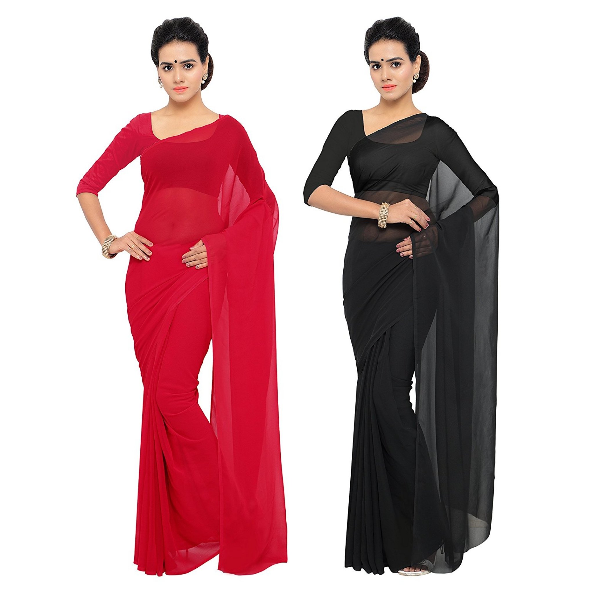 SidhidataTextile Combo of 2 Women's plain Solid pure Georgette Saree With Unstitched Blouse Piece (Pack of Two) (Combo plain red-black_Red & black_Free Size)