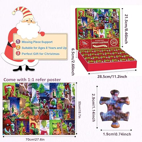 Miniatura 3 de Rompecabezas de calendario de Adviento 2023-1008 piezas para adultos y niños, calendario de cuenta regresiva de Santas Grinchmas de 24 días,