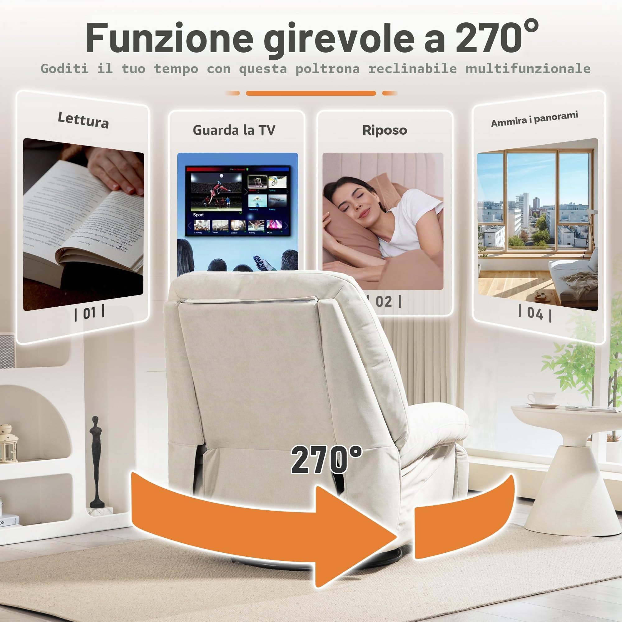 Poltrona relax elettrica per massaggio, riscaldamento vibrazionale, girevole con connettori tipo C e USB, 1 tasche laterali, poltrona reclinabile per TV, soggiorno (Bianco)